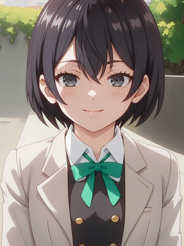 ((masterpiece)),(best quality),official art,extremely delicate and beautiful,extremely detailed CG,unity 8k wallpaper,ultra detailed,beautiful detailed eyes,extremely detailed face,outdoors,1girl,solo,upper body,(portrait:1.5),looking at viewer,facing viewer,smile,blush,Chisaki Sarashina,black hair,short hair,hair between eyes,parted bangs,grey eyes,school uniform,grey jacket,cropped jacket,open jacket,wing collar,green bowtie,black dress,pleated dress,double-breasted,collared shirt,white shirt,medium breasts,long sleeves,white socks,loafers,brown footwear,<lora:Chisaki Sarashina(tsrdta):1.4>,