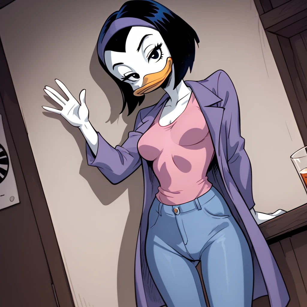 score_9, score_8_up, score_7_up, 1girl, solo, uncensored, kay-k, duck girl, bill, smile, dutch angle, standing, looking at viewer, half-closed eyes,  leaning back, against wall, short black hair, purple hairband, white skin, purple coat, pink shirt, (blue jeans:1.1), indoors, moody, bar, night club <lora:KayKXL_v1.1:1>