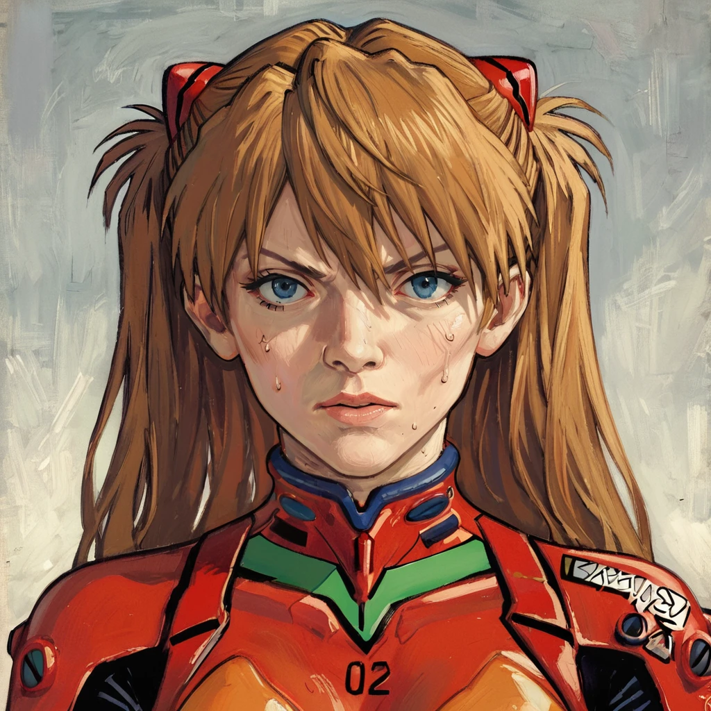 zPDXL3, score_9, score_8_up, asuka langley soryu, three-quarter view, female focus, solo, portrait, looking at viewer, red battlesuit, full body, simple background, neon genesis evangelion, anime, motion lines, action pose,  <lora:VNGGH1.0:.8>  VNGGH, vincent van gogh (style), oil painting (medium),