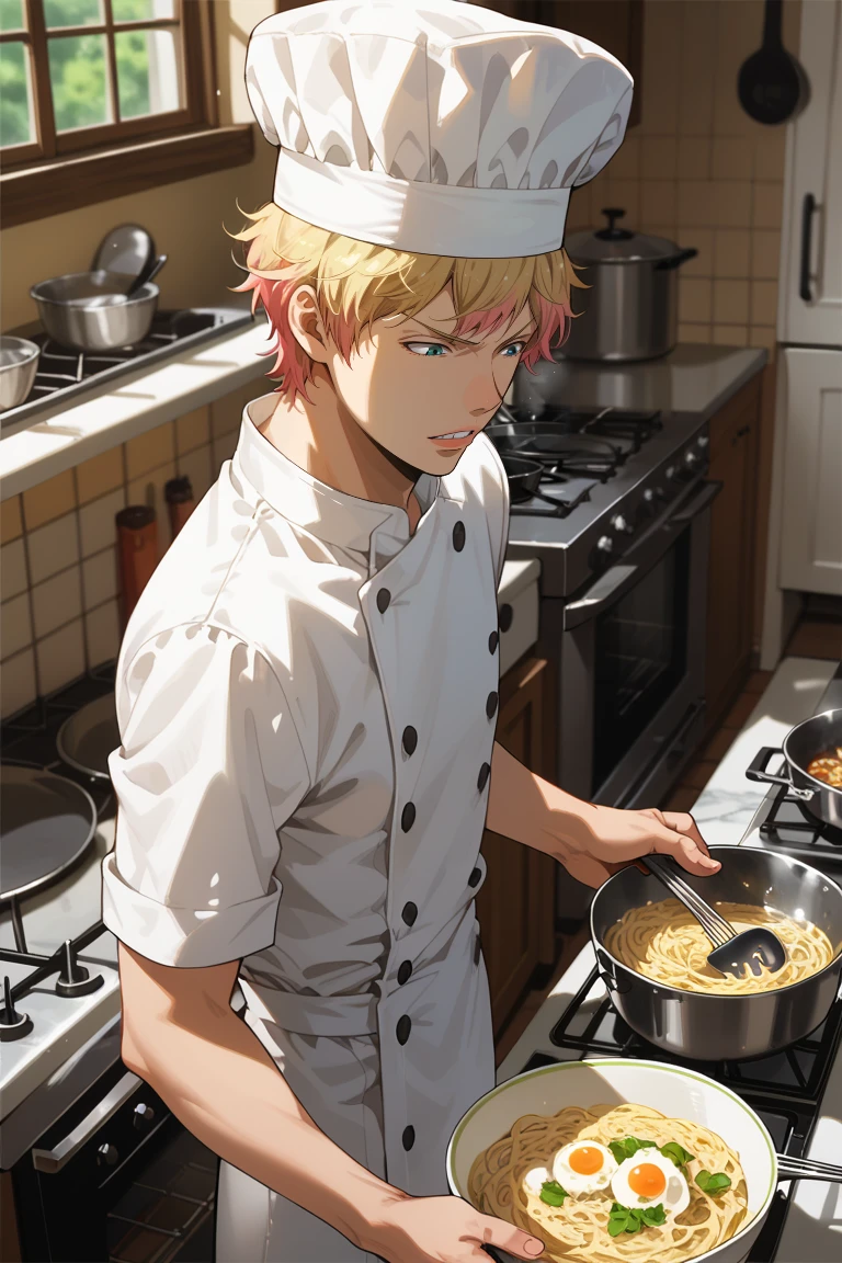 score_9, score_8_up, score_7_up, source_anime, rating_questionable, day, natural lighting, male focus, looking down, cooking, holding, TakuyaAC, blonde-pink_Takuya_multicolored hair, blue_Takuya_eyes, headwear, chef uniform, double-breasted, teeth, serious, 1boy, blurry indoors kitchen, pan, pasta, from side, from above, dutch angle, intricately detailed illustration, atmospheric perspective, depth of field, realistic shading