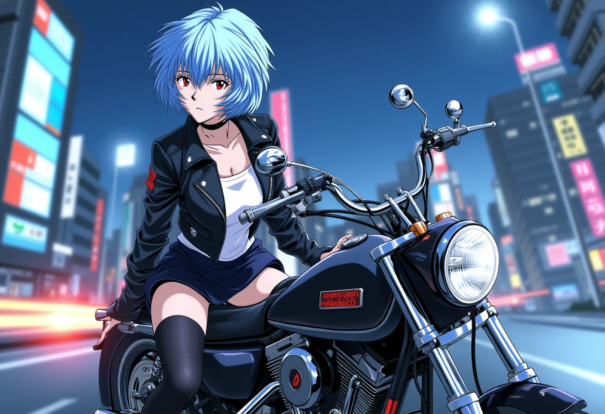 A detailed solo portrait of ppayanamirei, light blue hair,
Anime style, sharp, high contrast and highly detailed.,.
 <lora:evangelion_ayanami_rei_flux_v1_2-000008:1>,
she is sitting on a black motorcycle. She wears leather jacket, a choker, short skirt and black stockings. She looks haughty. Tokyo city nightscape in the background.