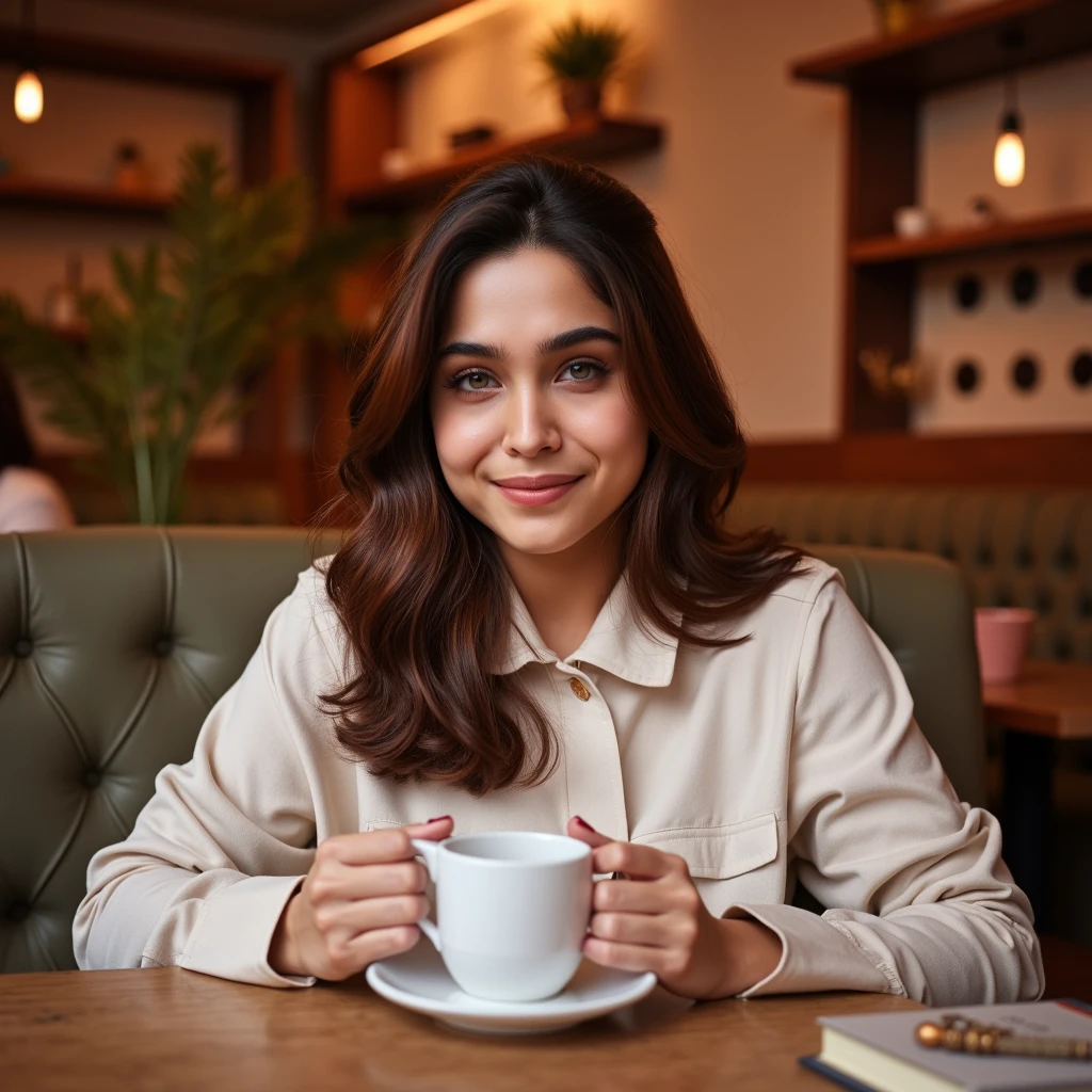 A charming portrait of SH4RV4RI, an Indian woman, sitting in a cozy cafe.

Subject: SH4RV4RI is seated comfortably on a stylish chair, holding a coffee cup in one hand and looking straight at the camera. Her expression is warm and inviting, with a gentle smile playing on her lips. Her long, flowing brown hair cascades over her shoulders, framing her youthful face. Her fair skin has a natural, healthy glow enhanced by the warm lighting of the cafe.

Background: The cafe setting is warm and inviting, with soft, out-of-focus elements that suggest a cozy atmosphere. Wooden tables, bookshelves, and warm-toned decor create a comfortable ambiance without distracting from the subject.

Foreground: SH4RV4RI's hands are visible, gracefully holding a ceramic coffee cup. The table in front of her is partially visible, perhaps with a book or a small plant to add depth to the scene.

Camera angle: A straight-on, medium close-up shot that captures SH4RV4RI from the waist up, allowing the viewer to see her seated posture and the coffee cup in her hand. The camera is positioned at eye level, creating a direct and engaging connection with the subject.