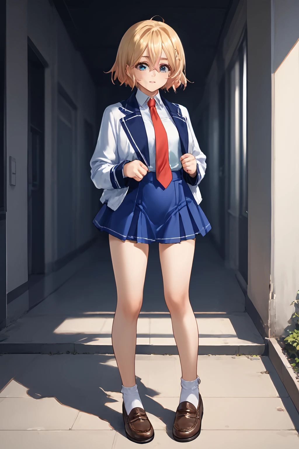 score_9, score_8_up, score_7_up, score_6_up, 2d, source_anime,1girl,   <lora:houkago_3_uniform:.8> necktie, skirt, school uniform, jacket,blue skirt, full body,  zPDXL3 <lora:nanamimami-pdxl-nvwls-v1:1> nanamimami,