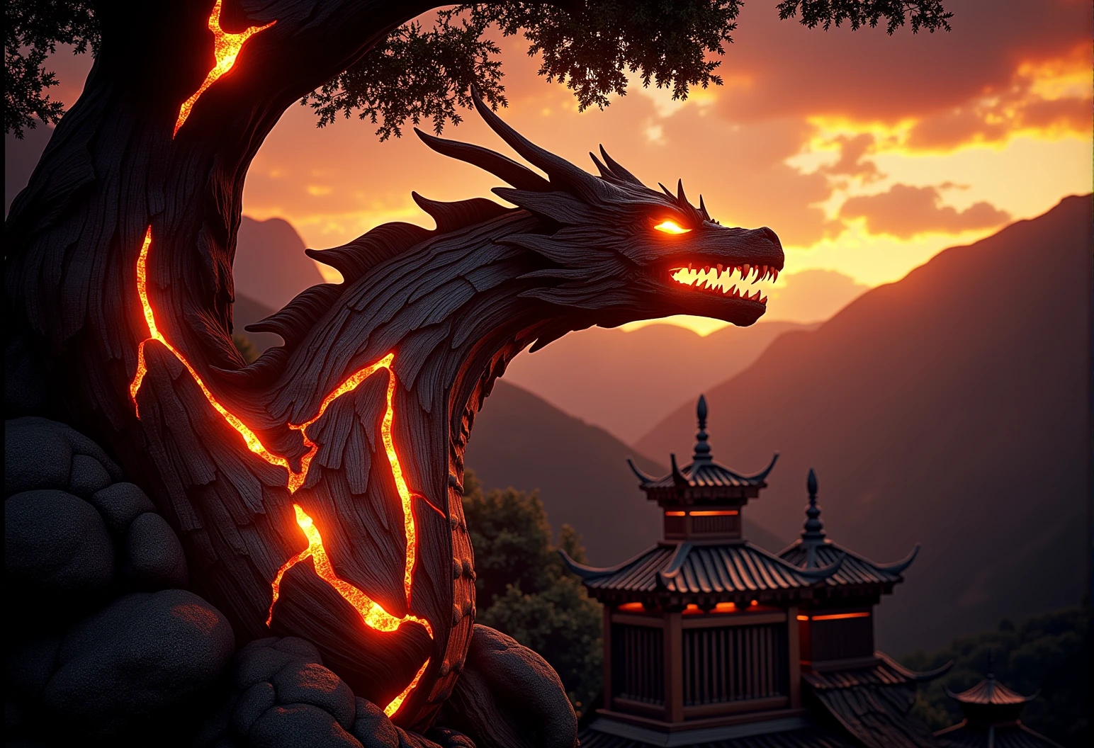 A massive dragon flying over a mountain range at twilight, its scales partially transformed into glowing wooden textures, veins of soft embers flickering across its body|A close-up of a tree with ember-like veins glowing faintly against a fiery twilight sky, with wooden veins flickering softly, glowing subtly in a few sections}|A panoramic view of a glowing wooden temple at dusk, with parts of the wooden structure softly glowing, casting gentle light onto the surroundings}} Epic cinematic lighting, soft glowing wood textures, subtle embers, dramatic shadows, backlit glow, high contrast, lens flare, deep focus, ultra-realistic details, vivid colors, high dynamic range, volumetric lighting, breathtaking scale, photorealism, hyper-sharp focus, intricate details, stunning cinematic atmosphere. , <lora:bv-glowing-wood-v1.safetensors:0.5:0.5>