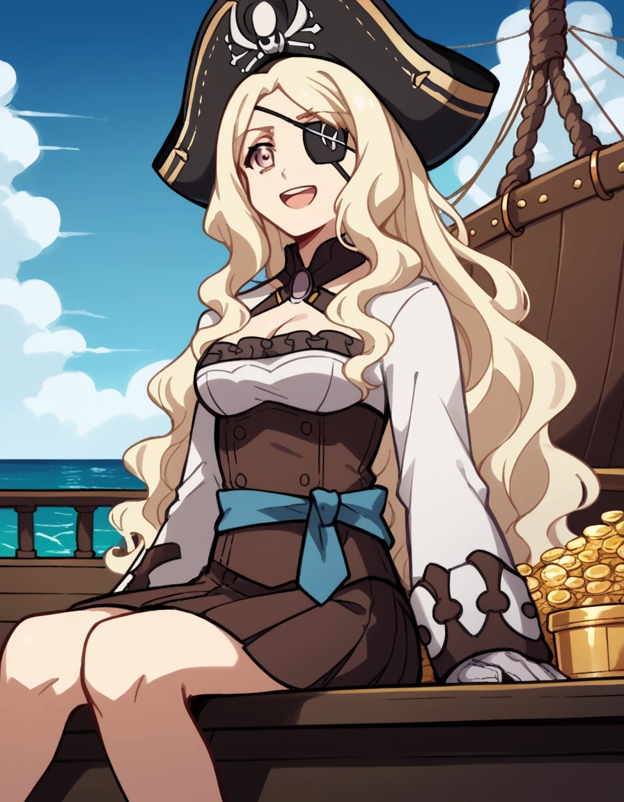 score_9, score_8_up, score_7_up, source_anime, <lora:utawarerumono-honoka-s2-ponyxl-lora-nochekaiser:1>, honoka, long hair, blonde hair, brown eyes, wavy hair, medium breasts,, <lora:pirate-costume-ponyxl-lora-nochekaiser:1>, pirate costume, pirate hat, skirt, gloves, jacket, shirt, eyepatch,, blue sky, sea, ocean, pirate ship, treasure, gold, smug, open mouth, from below, sitting,, , dutch angle, cowboy shot