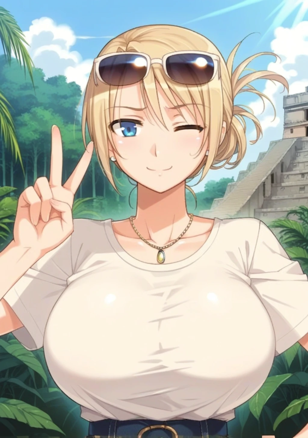 score_9, score_8_up, score_7_up, source_anime,high detail, detailed face,1girl,tatiana,huge breasts,blonde hair,bangs,folded ponytail,blue eyes,<lora:tatiana:0.9>,baggy shirt,hat,denim jeans,sunglasses,necklace, BREAK (zzChichenItza, building),lush greenery historical,depth of field, day,cloud,strong sunlight,Mayan ruins,mystical atmosphere,peace sign,wink,<lora:Chichen_Itza_PDXL:1>