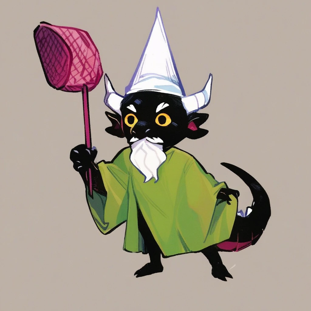 score_9_up, score_8_up, score_7_up, source_furry, mikus-concept, crawly green gnome, green robe, cone hat, white beard, black dragon, black body, white horns, yellow eyes