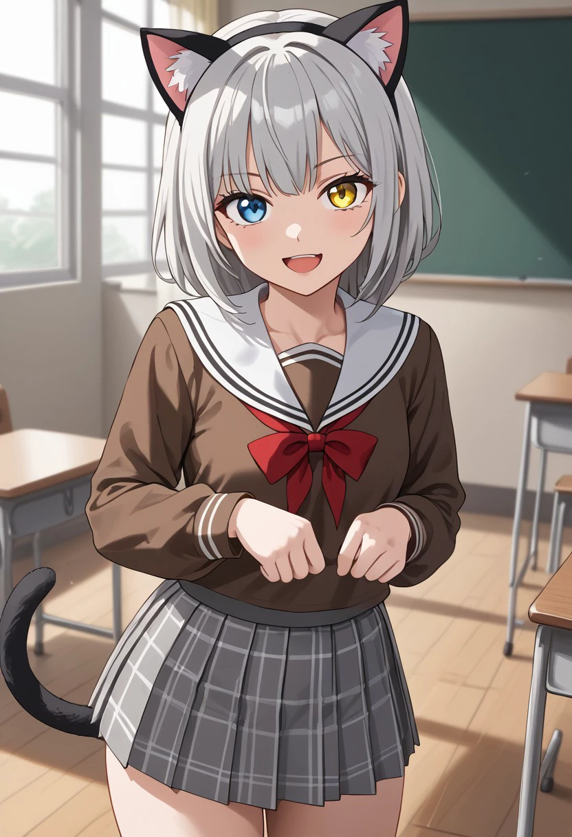 (masterpiece), best quality, expressive eyes, perfect face, raana, white hair, grey hair, (yellow eyes:1.1), (blue eyes:1.1), heterochromia, looking at viewer, brown shirt, long sleeves, grey skirt, white sailor collar, red ribbon, miniskirt, pleated skirt, plaid skirt,  school uniform, skirt lift, open mouth, smile, looking at viewer, cat ears, cat tail, fake animal ears,thighs, classroom