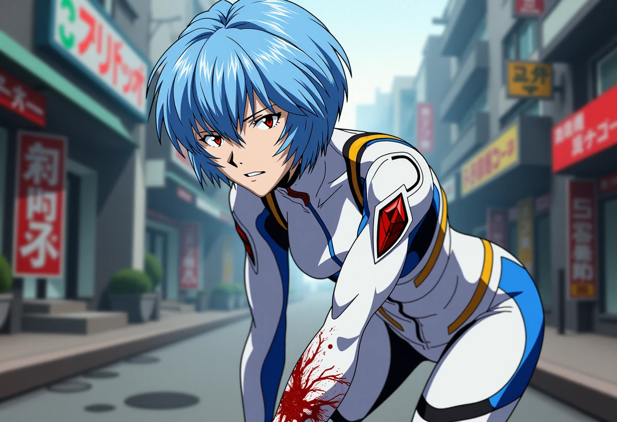 A detailed solo portrait of ppayanamirei, light blue hair,
Anime style, sharp, high contrast and highly detailed.,.
 <lora:evangelion_ayanami_rei_flux_v1_2-000008:1>,
She stands on a war charring street. She wears a white plug suit. She has a serious face. She puts her hand on her arm over a bleeding wound. Her left arm is injured. Her upper body bowing forward, teeth clenching, panting in pain. However, she seems determined and is ready to fight till the end. 
Wide angle.