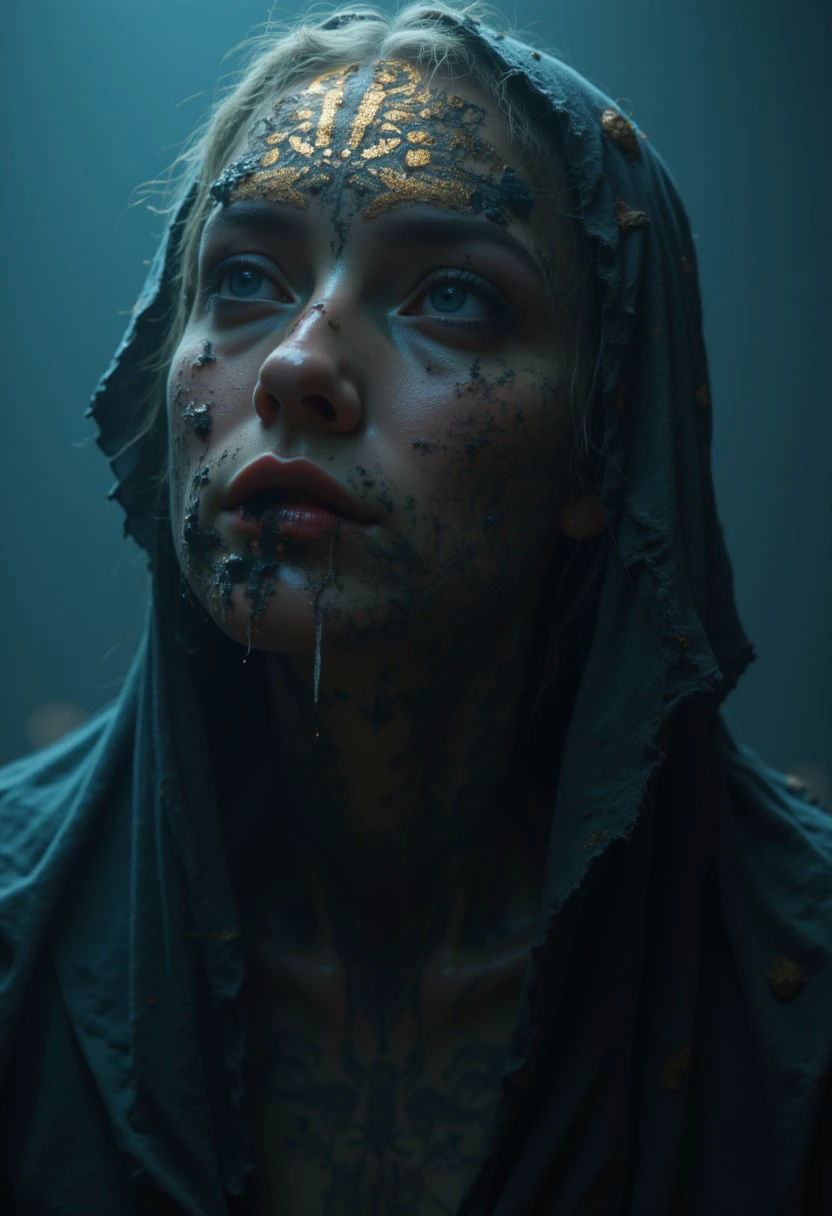an ancient, cloaked female sexy figure with piercing eyes, face covered in dust and dirt, their face wrapped in fabric adorned with extremely intricate hieroglyphs, set against an abstract, polygonal blue gradient background. The cloth appears worn and frayed, with strands of cobwebs catching the light, evoking a sense of age and decay.