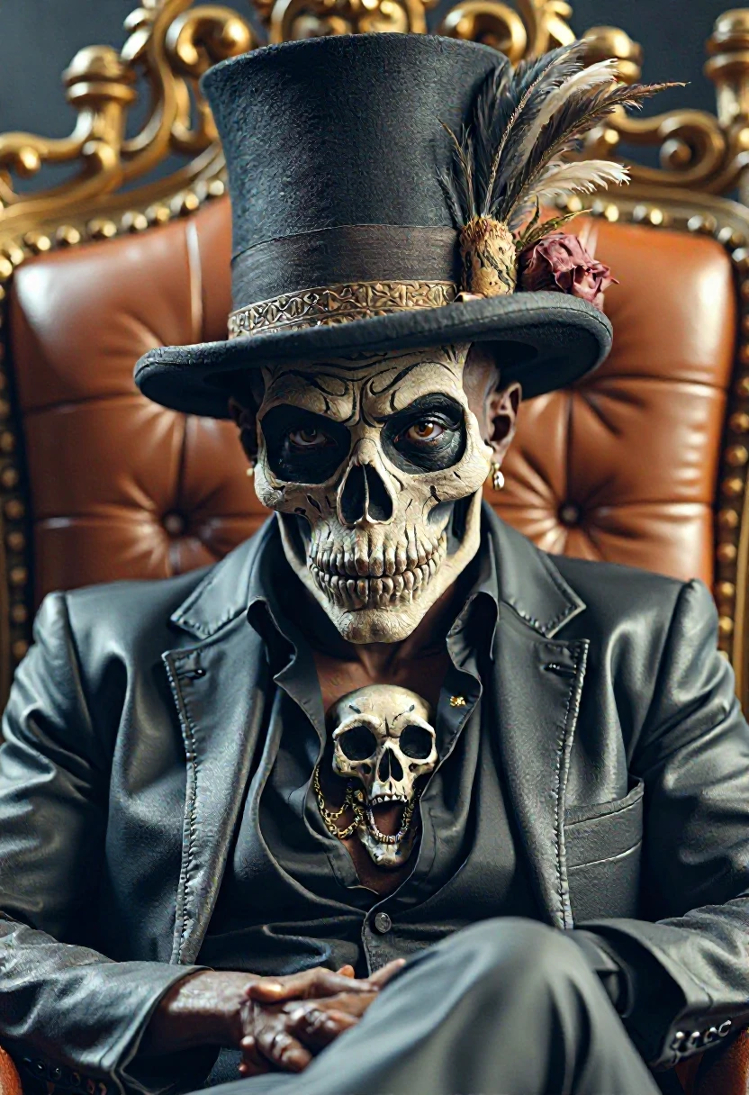 8k , uhd, masterpiece , baron_samedi,Baron Samedi is a black man with a black suit,Under his dusty jacket he wears a dusty black t-shirt. He wears a black top hat, the hat is surrounded by leather strap and decorated with feathers. He wears some  necklace made from animals fangs, . He wears skull makeup . He wears a  ring on his finger.he wears skull makeup. He sits casually on a throne of finely carved wood and riveted brown leather; the throne is very luxurious and contrasts with the dusty appearance of the figure.