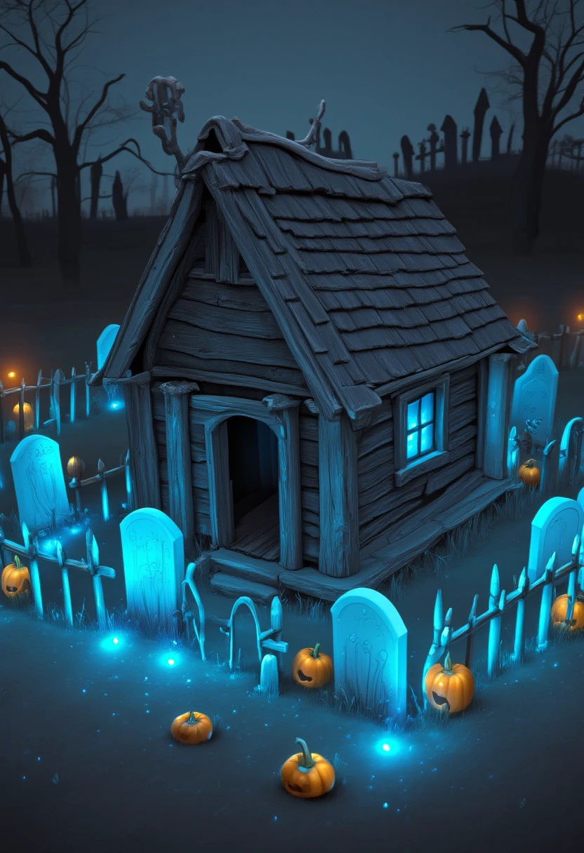 ((masterpiece, best quality)), absurdres, StylizedSetting, 
pumpkins, halloween, 
old wooden shack, spooky graveyard, graves, glowing blue lights,