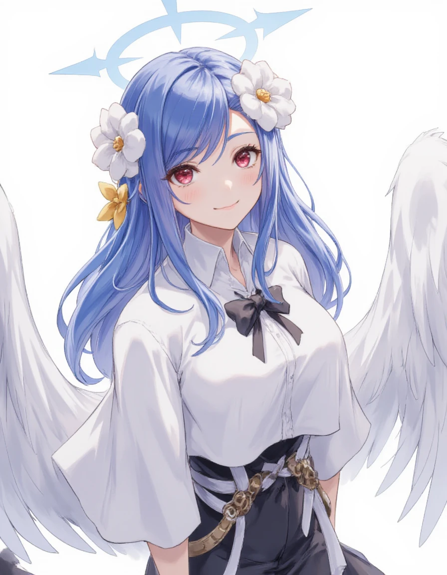 <lora:fluxGuilty_Gear_StriveQueen_Dizzy:0.7>  queendizzy, flower hair ornament, blue hair, wings, tail, red eyes ,long hair, upper body, calm, smile, at peace, demon wing, angel wing