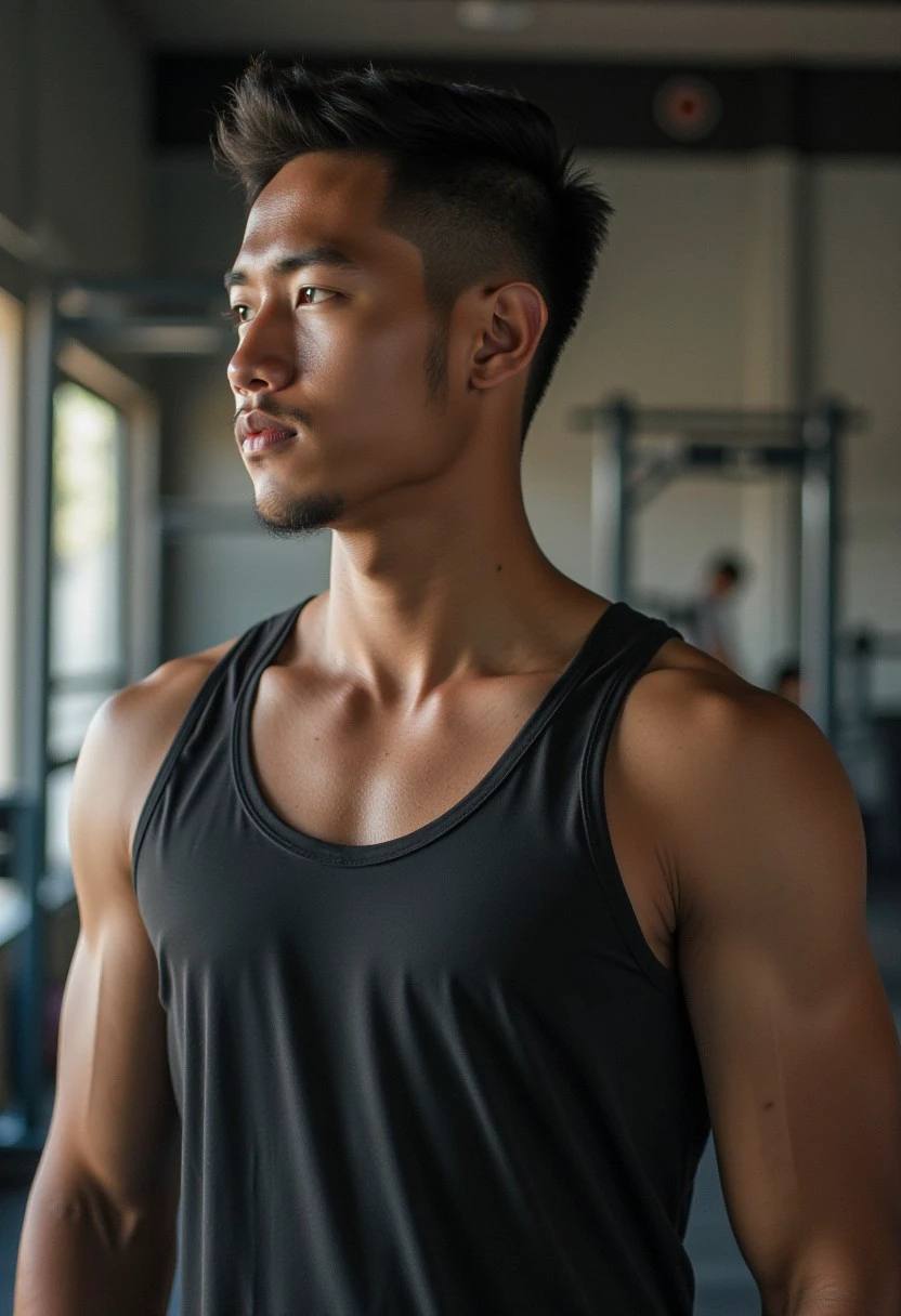 Sport wallpaper profile photo of players photography, Syahnk as A handsome  male , he is athlete wearing gym singlet, the shot is half body shot . He has Buff muscle Shot through Canon EF 100-400mm f/4.5 lens with Kodak Pro 400H film, emphasizing textures and depth