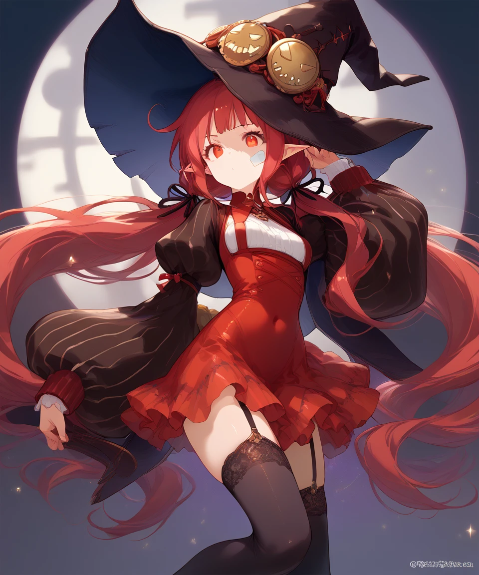 score_9,score_8_up,score_7_up,source_anime,zPDXL3,<lora:魔道学者:0.8>,modao,1girl,solo,red hair,bangs,red eyes,pointy ears,glowing eyes,bandaid on face,hat,witch hat,black thighhighs,thighhighs,witch,puffy sleeves,long sleeves,skirt,red skirt,black thighhighs,jewelry,garter straps,arms_behind_back,