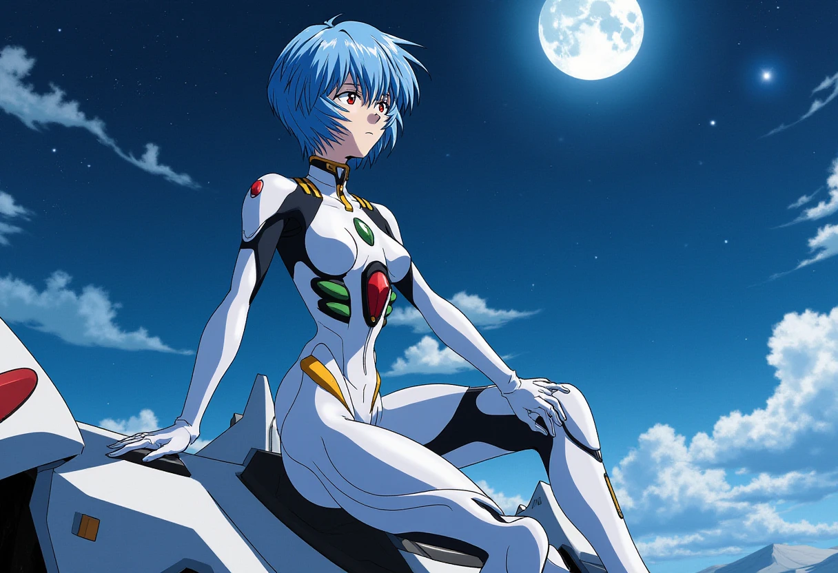 A detailed solo portrait of ppayanamirei, light blue hair,
Anime style, sharp, high contrast and highly detailed.,.
 <lora:evangelion_ayanami_rei_flux_v1_2-000008:1>,
 in white plug suit, sits under the starry sky and a full moon, on the shoulder of mecha EVA-0. She is looking at the distance, looking quite preoccupied. Side profile, highly detailed.