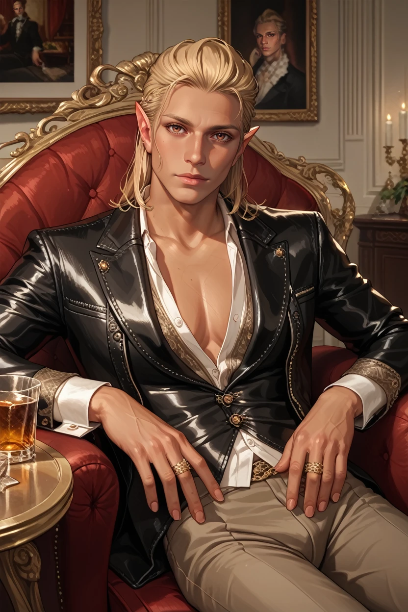 score_9, score_8_up, score_7_up,
<lora:DAZevran:0.8>
DAZevran, 1boy, blonde hair, brown eyes, pointy ears, tanned skin, looking at viewer, Inside a luxurious penthouse suite, sophisticated yakuza attire, reclining on a leather chair with a glass of whiskey, surrounded by opulence