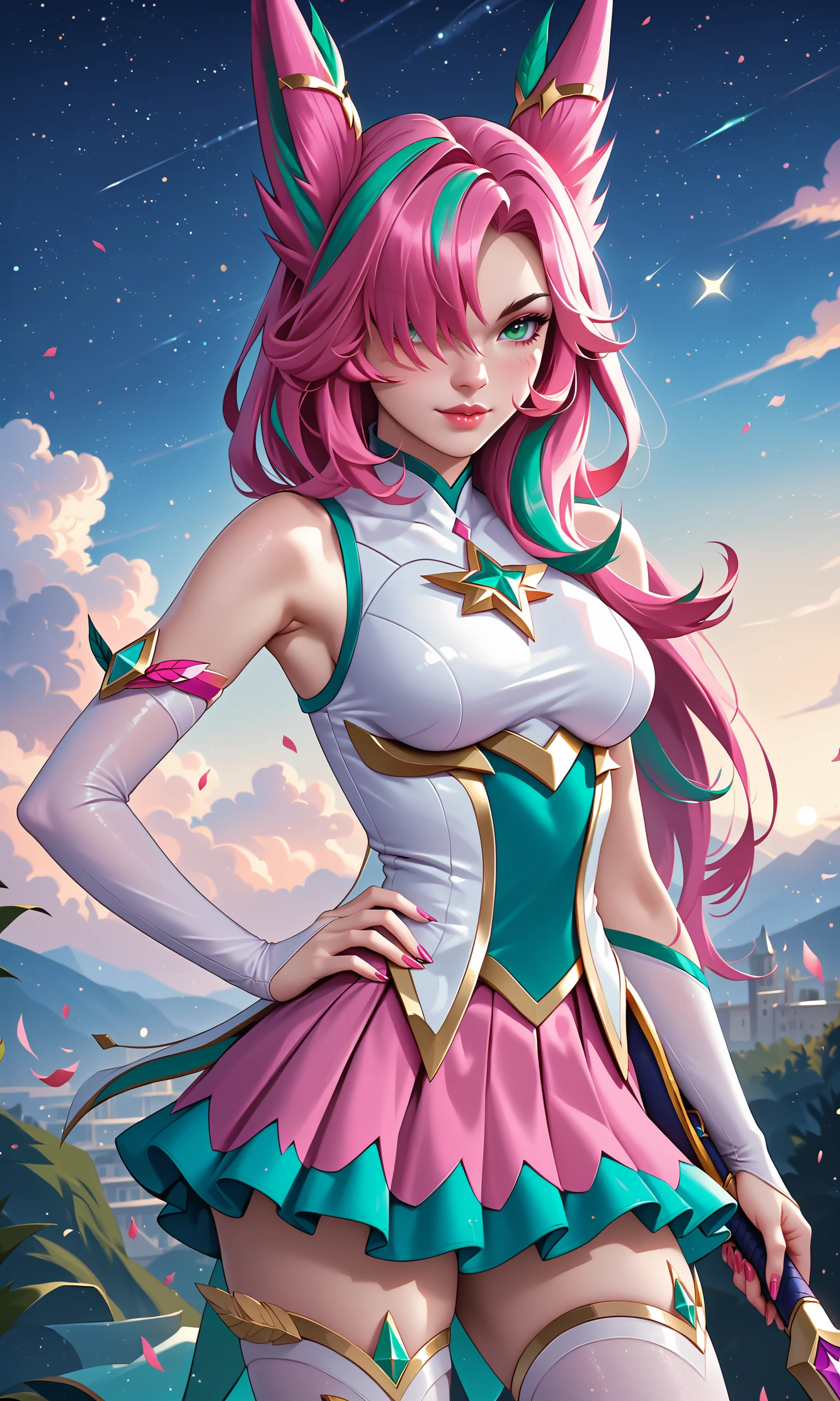 score_9, score_8_up, score_7_up, (solo, 1girl), (absurdres, ,highres), (masterpiece, best quality), (perfect details, highest detailed, extreme detailed),
pink hair,  long hair, pink and green hair, PINK  skirt ,  thighhighs, redeemed star guardian xayah,  multicolored hair ,  hair over one eye,  elbow gloves,  bare shoulders,  hair ornament , green eyes, weapon, night, 
one arm against the hip, <lora:RedeemedSGXayahSDXL-000040:0.65>