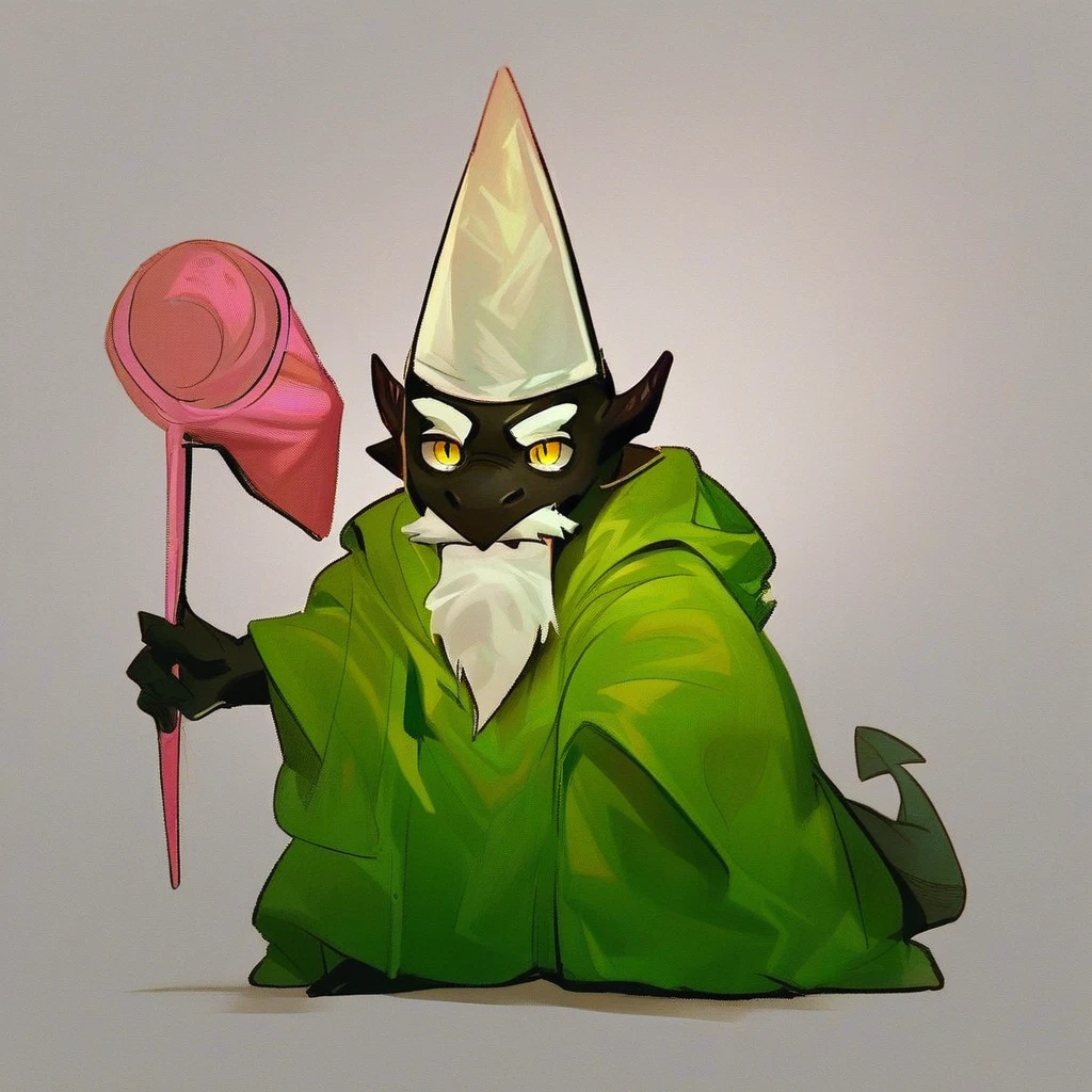 score_9_up, score_8_up, score_7_up, source_furry, mikus-concept, crawly green gnome, green robe, cone hat, white beard, black dragon, black body, white horns, yellow eyes