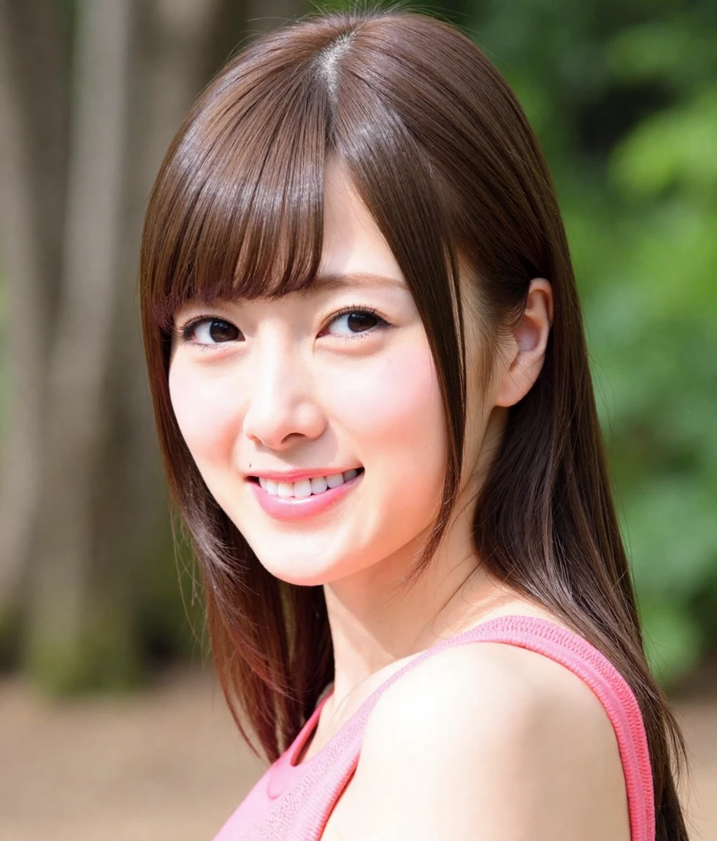 shiraishi, The image is a close-up portrait of a young Asian woman. She has shoulder-length brown hair with bangs and is wearing a pink top. She is looking directly at the camera with a slight smile on her lips. The background is blurred, but it appears to be an outdoor setting with trees and greenery visible. The lighting is soft and natural, highlighting the woman's features.