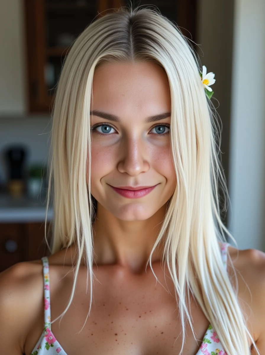 amateur photo of a woman, she has sleek long platinum-blonde hair with a slicked back style, with blue eyes, her skin has a high detailed texture and shows details like moles, small hairs and pores. She is wearing a garden party attire with a pastel sundress, strappy sandals, and a floral hair accessory. Her expression is a shy smile, she is looking at viewer. Set inside, with natural lighting. <lora:clairelora-000012:1.1>