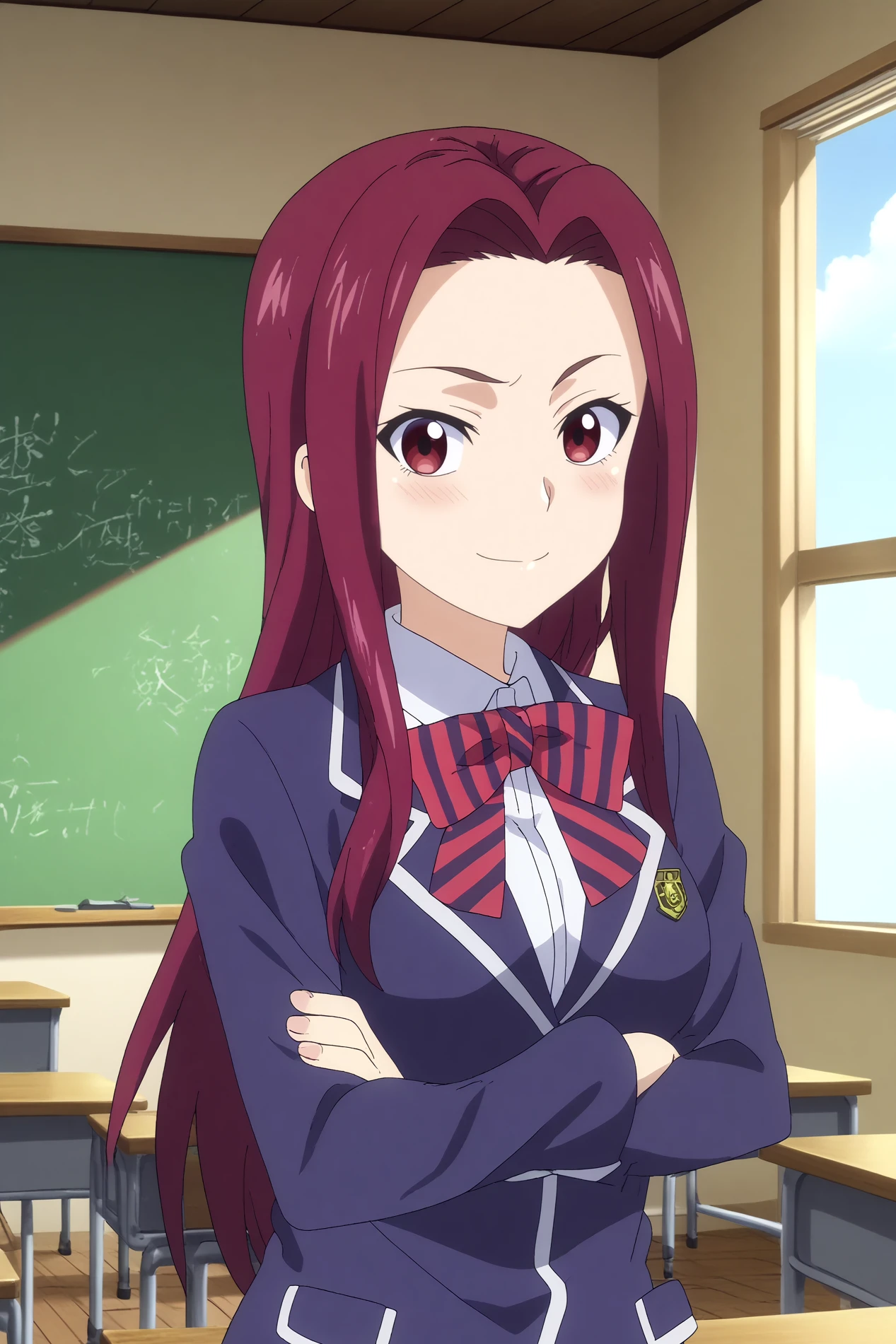  sakaki ryoko,1girl,solo,looking_at_viewer,purple hair, long hair,smile,breasts,school uniform,jacket,stripped bow,smile,blush,upper body,crossed arms BREAK indoors,japanese classroom,classroom,simple decor, organized shelves, neat rows, kanji on the board,windows,blue sky,Wooden floors, low desks, chalkboard, sliding doors, sunlight, quiet, neat rows,cowboy shot   <lora:Sakaki_Ryoko_-_Food_Wars.safetensors:0.8> <lora:detailed_backgrounds_v2.safetensors:0.8>