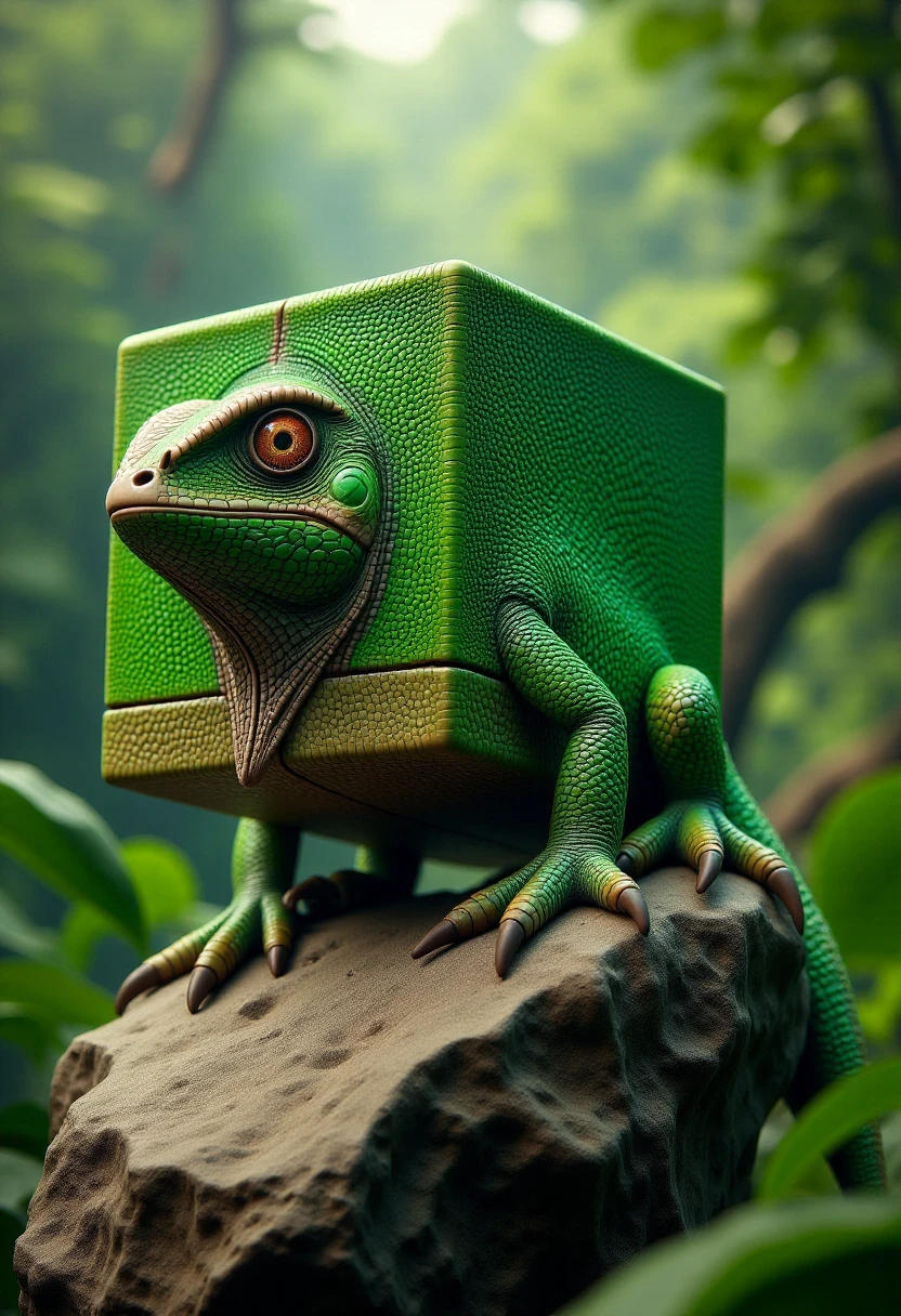 <lora:Cubic_Creature_Creator_FLUX:1.0>
The image is a highly detailed, digital artwork featuring a stylized, anthropomorphic chameleon. The chameleon is depicted with a unique, cube-shaped body with green scaly skin. it is perched on a rock in a jungle.