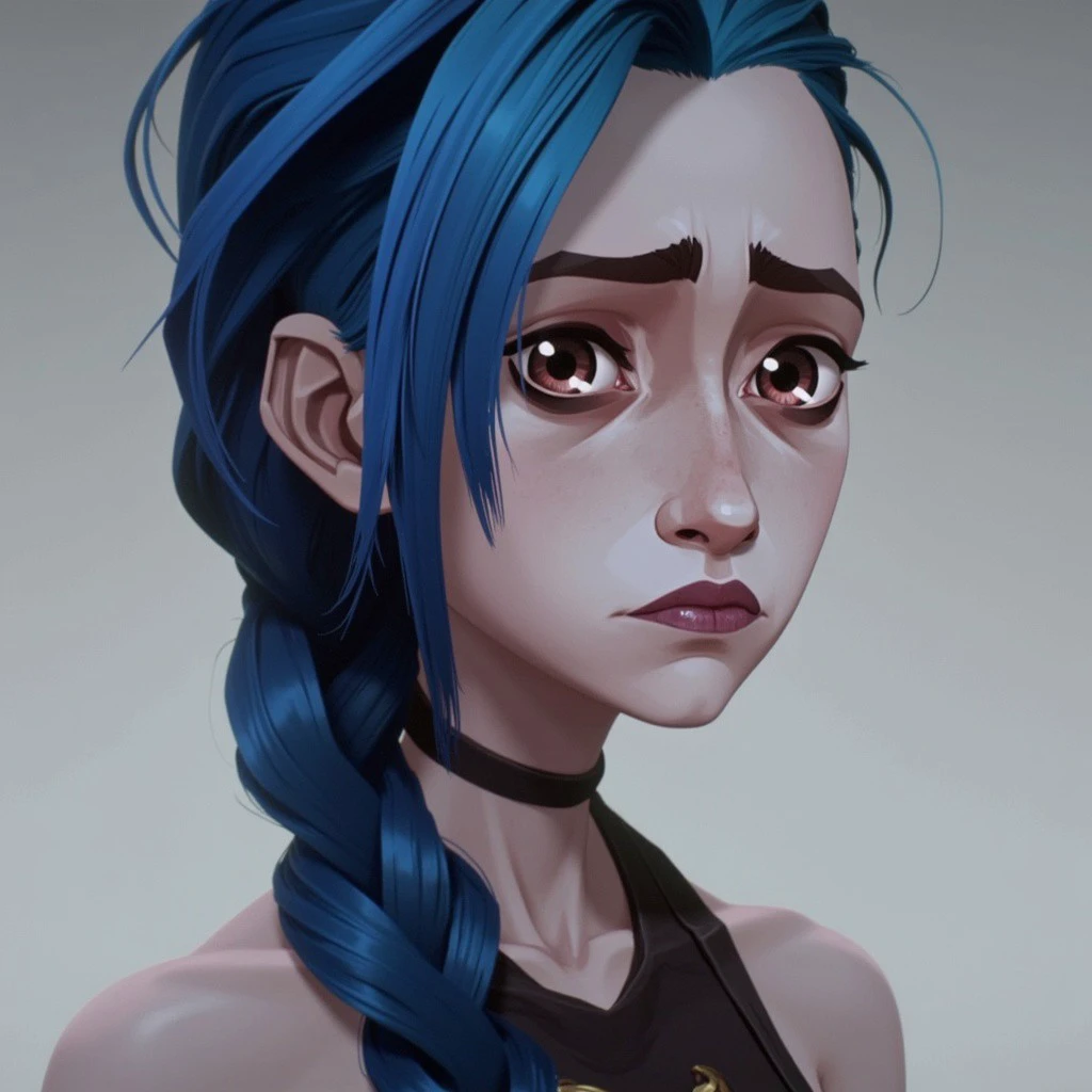 Jinx, 
The image is a digital drawing in a semi-realistic, slightly stylized CGI style, featuring a young woman with a somber expression. She has a pale complexion with a slightly gaunt appearance, and her eyes are a deep, dark brown, giving an impression of sadness or weariness. Her hair is a striking, electric blue, styled in a long, loose braid that falls over her right shoulder, with a few strands framing her face.