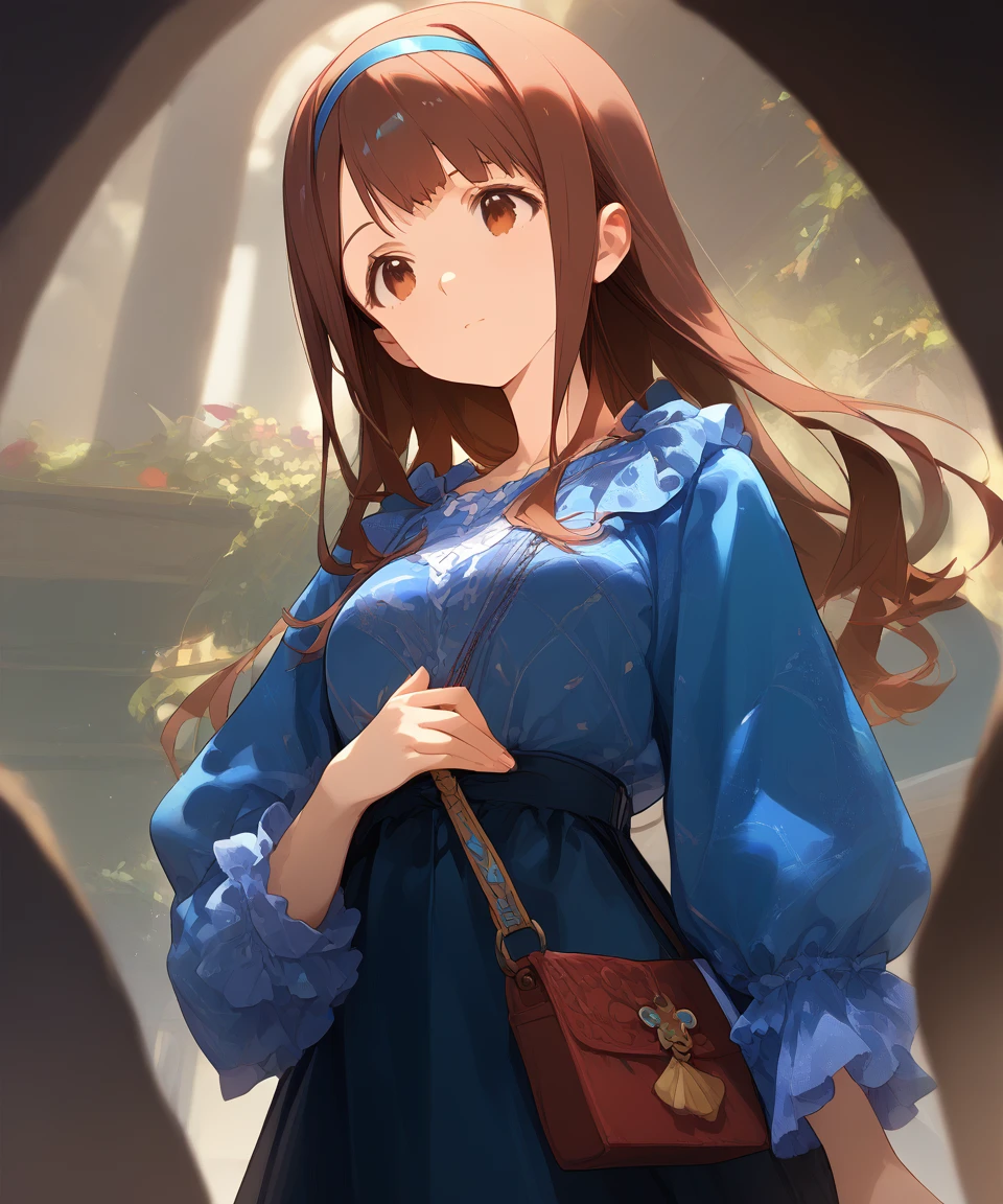 score_9,score_8_up,score_7_up,source_anime,zPDXL3,<lora:ç´å¶p:1>,1girl,bangs,brown eyes,brown hair,long hair,solo,blue hairband,medium breasts,