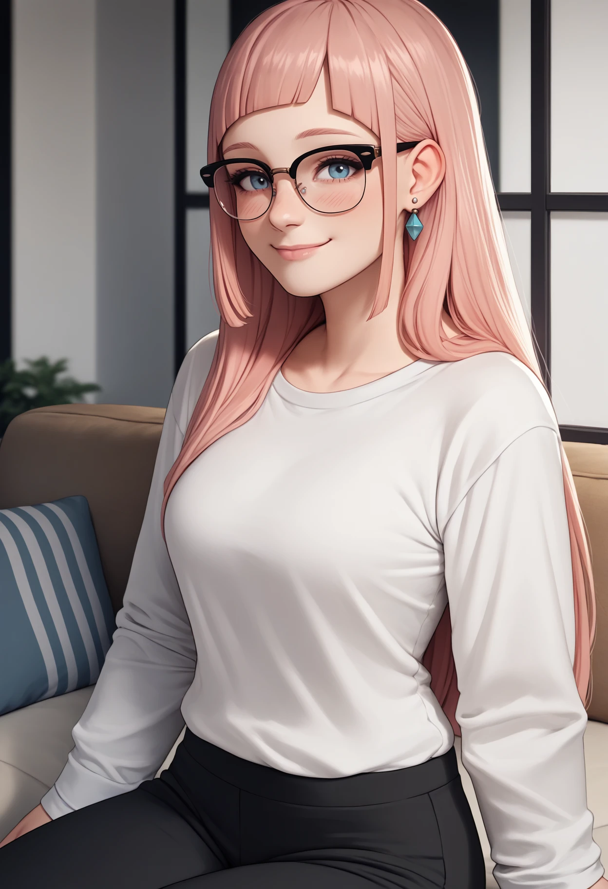 score_9, score_8_up, score_7_up, source_anime BREAK 1girl, solo, r glasses, black-framed eyewear, <lora:raybanclubmaster-concept-richy-v1_pdxl-000008:1>  <lora:felicia-fe-richy-v2_pdxl:1> flcrnd, blue eyes, pink hair, long hair, blunt bangs, breasts, white shirt, black pants, sitting, indoors, smile, blush, closed mouth, looking at viewer, earrings