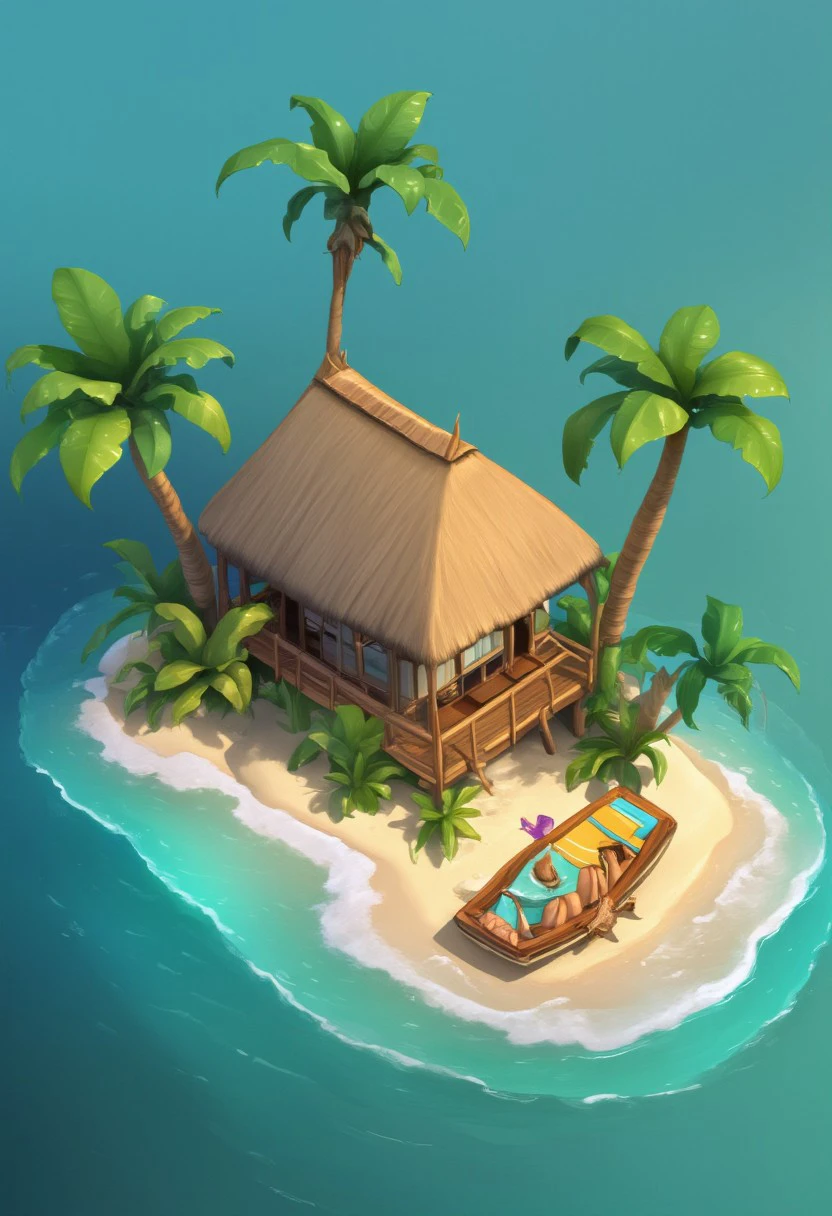 ((masterpiece, best quality)), absurdres, StylizedSetting, 
tropical beach and palm trees, tiny hut, ocean in background,