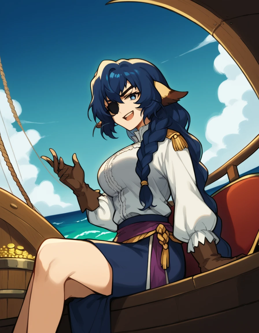 score_9, score_8_up, score_7_up, source_anime, <lora:utawarerumono-karura-s2-ponyxl-lora-nochekaiser:1>, karura, blue hair, animal ears, blue eyes, long hair, braided ponytail, large breasts,, <lora:pirate-costume-ponyxl-lora-nochekaiser:1>, pirate costume, pirate hat, skirt, gloves, jacket, shirt, eyepatch,, blue sky, sea, ocean, pirate ship, treasure, gold, smug, open mouth, from below, sitting,, , dutch angle, cowboy shot