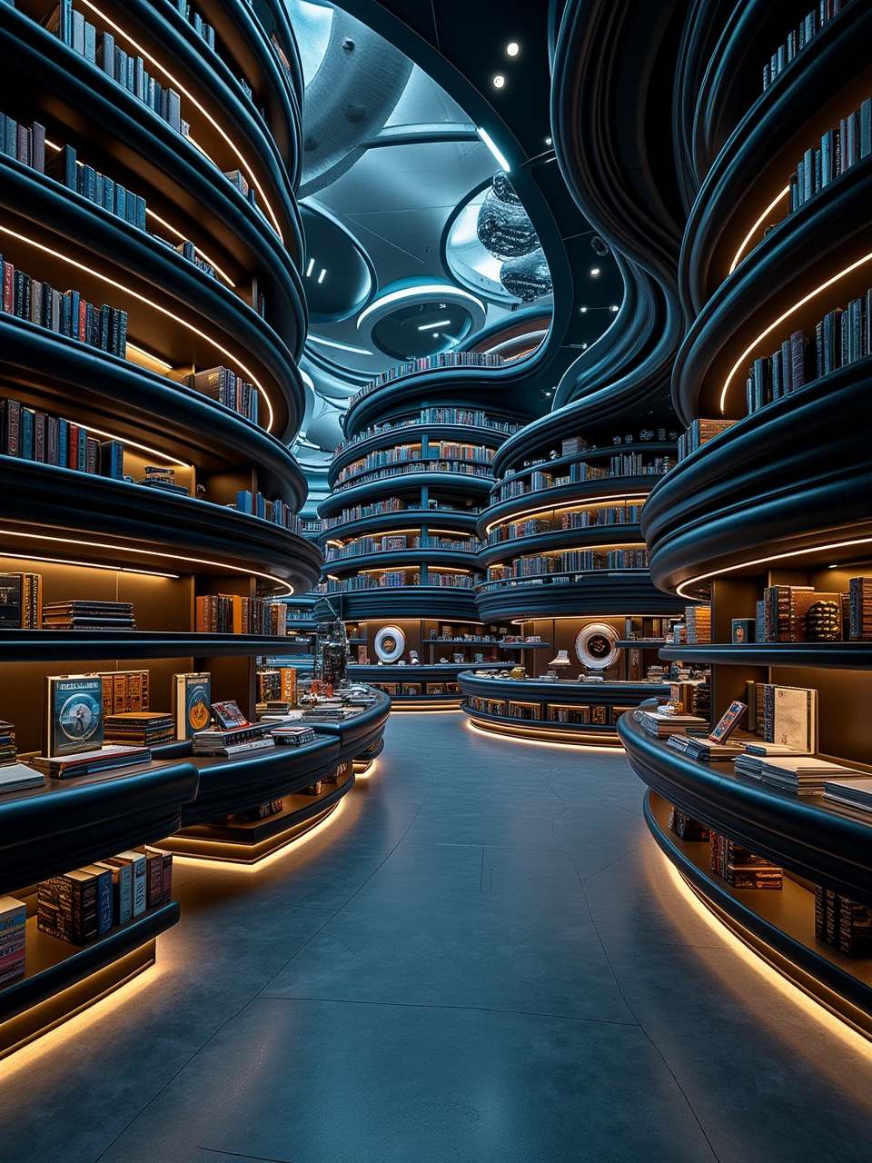 spacebylaushine,futurist-curve space,sci-fi of a massive huge and multi-levels library,filled with bookshelf,dim light