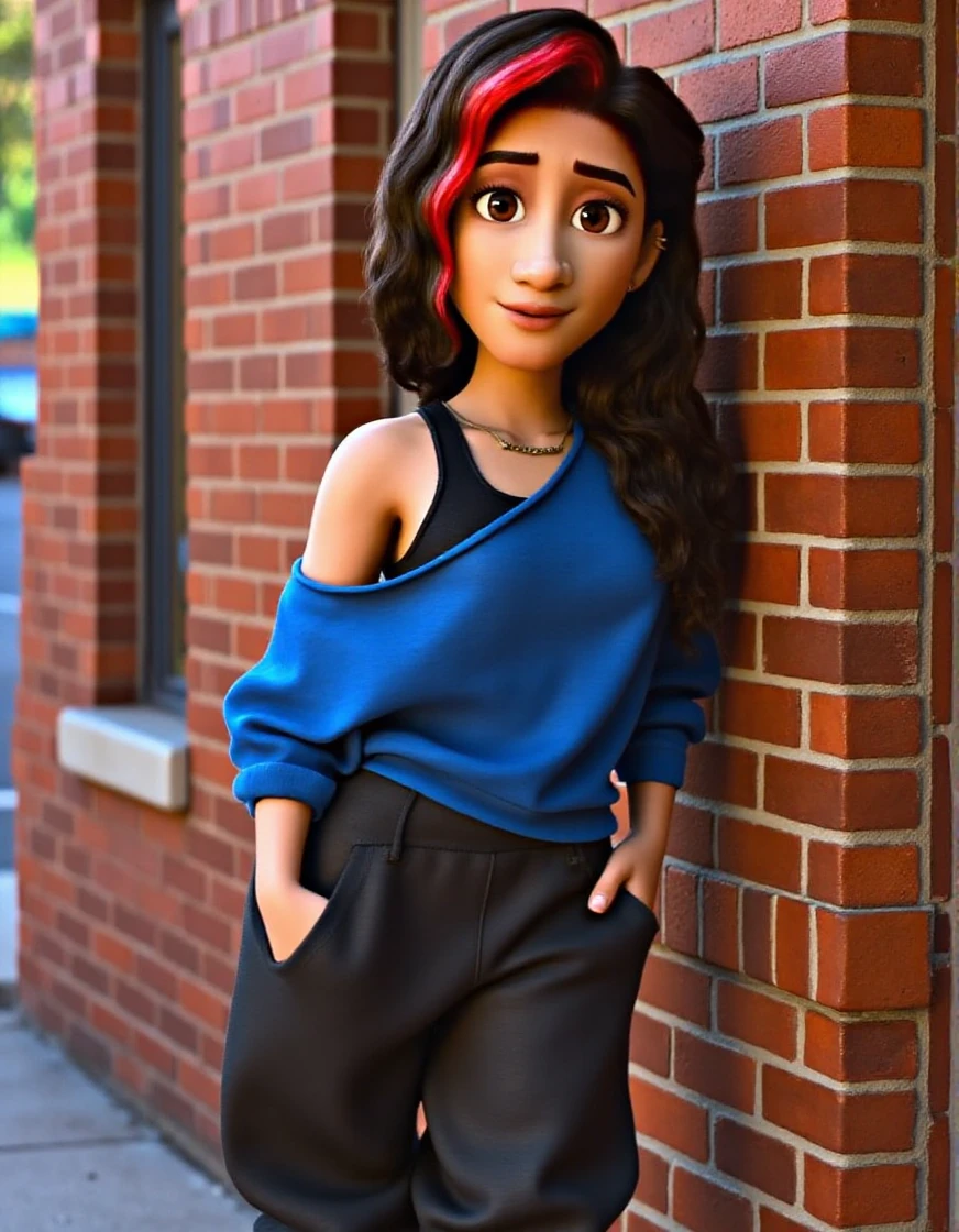 Full body of valortiz. She is an animated girl with dark hair and red highlights and a blue shirt with her shoulder and tank top strap exposed. She also wears sneakers and black pants.  She is casually leaning her back against a brick wall outside at daytime with her hands in her pockets and a calm expression with her lips casually parted. 3/4 angle, hyperdetailed, vibrant lighting, 3D CG, <lora:valortiz_flux:1>