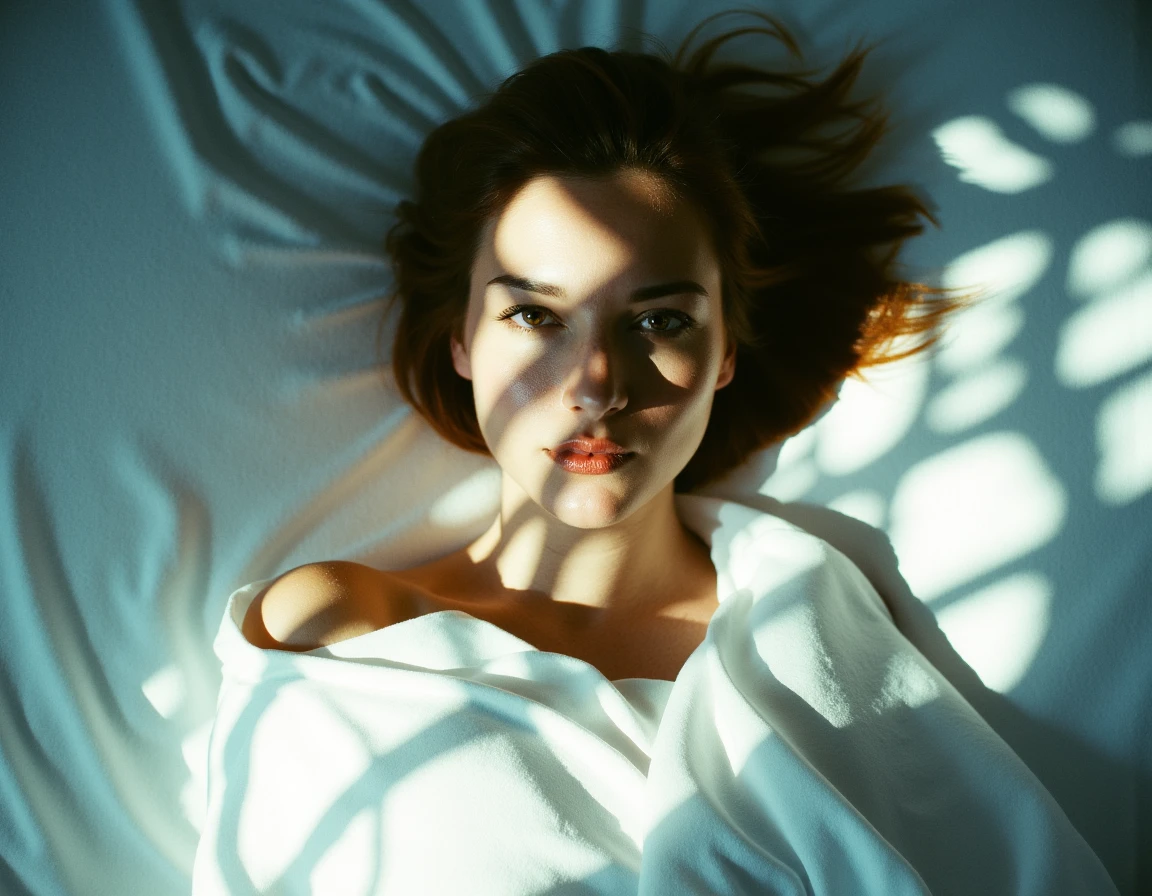 Artsy Photo. A top down artistic photograph of a woman laying in soft white blankets. the shadow of a treebranch stretches across the bed and the woman. high contrast. motion blur and film grain. chromattic abberation. full color photo.