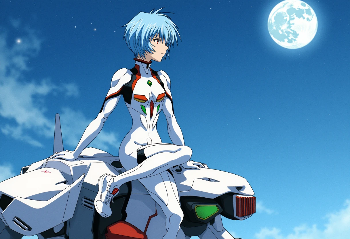 A detailed solo portrait of ppayanamirei, light blue hair,
Anime style, sharp, high contrast and highly detailed.,.
 <lora:evangelion_ayanami_rei_flux_v1_2-000008:1>,
 in white plug suit, sits under the starry sky and a full moon, on the shoulder of mecha EVA-0. She is looking at the distance, looking quite preoccupied. Side profile, highly detailed.