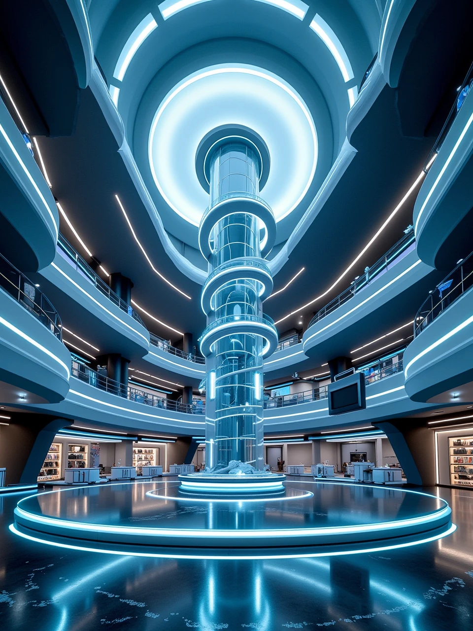 spacebylaushine,futurist-curve space,sci-fi of a massive huge and multi-levels office building interior,illuminated by the X-rays from dome.There is an elevator in center of the building,connecting the corridors of each level,the office Evenly distributed on each floor