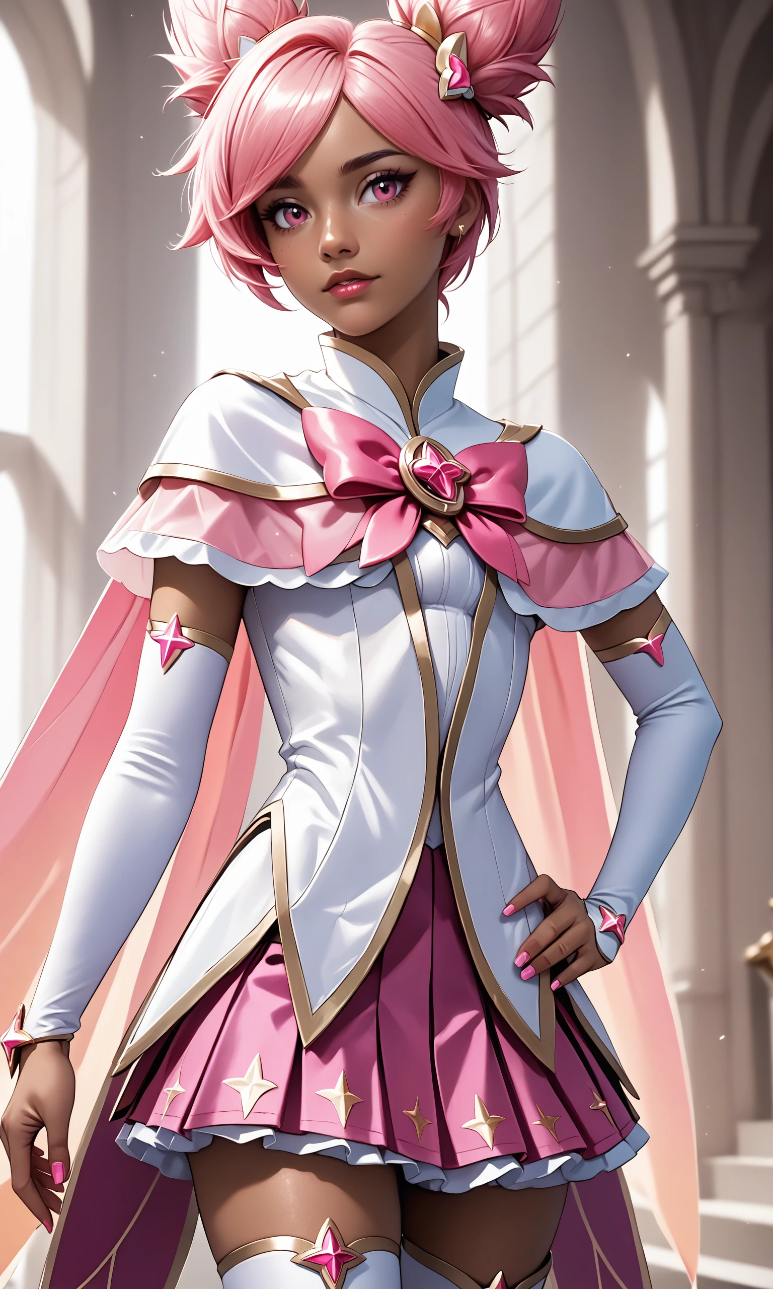 score_9, score_8_up, score_7_up, (solo, 1girl), (absurdres, ,highres), (masterpiece, best quality), (perfect details, highest detailed, extreme detailed),<lora:SGTaliyahSDXL-000040:0.9>,  star guardian taliyah, thighhighs , pink skirt, arm sleeve, twin buns,  pink eyes, hair ornament,  pink bow,  dark-skinned female, boots, one arm against the hip