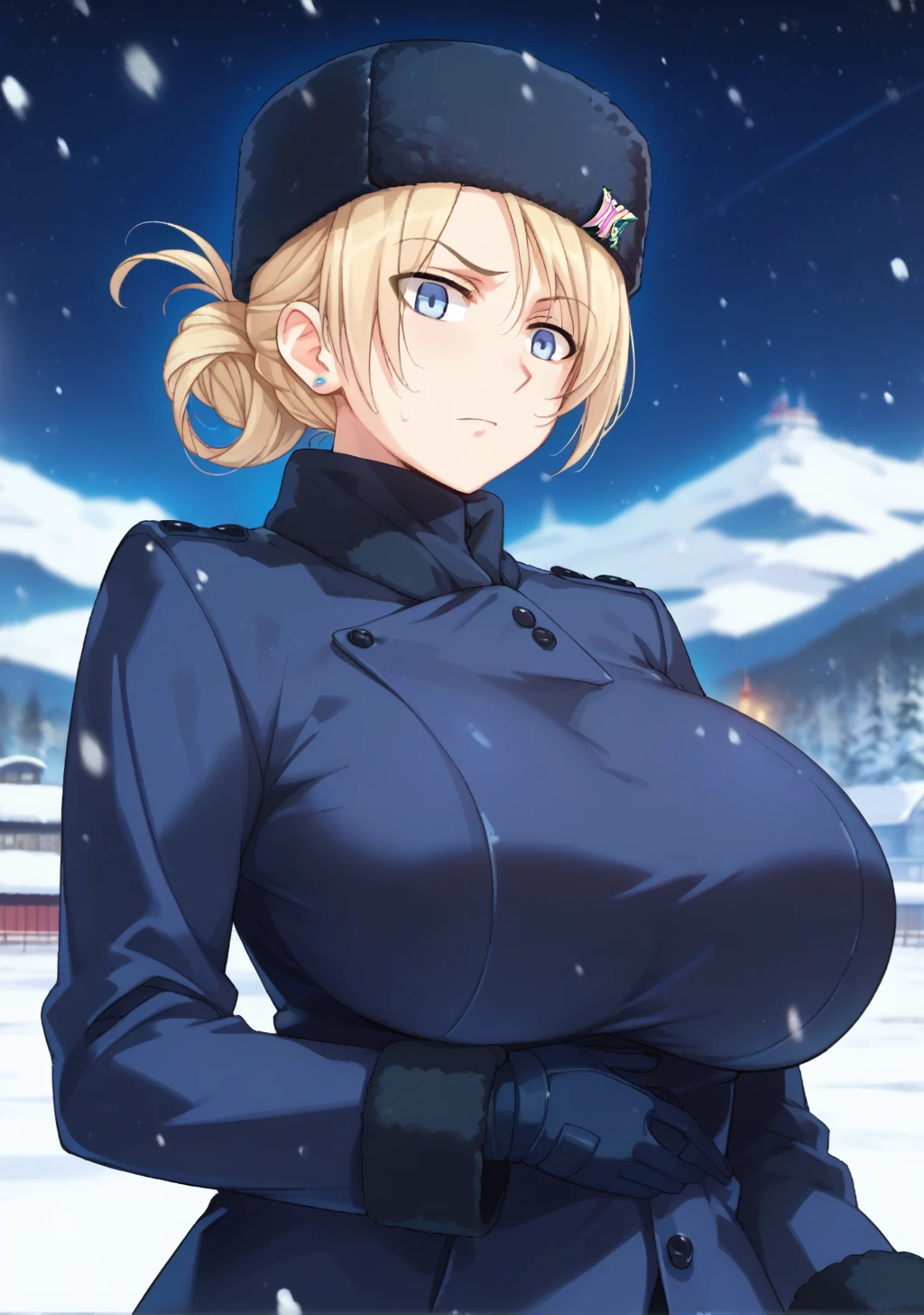 score_9, score_8_up, score_7_up, source_anime,high detail, detailed face,1girl,tatiana,huge breasts,blonde hair,bangs,folded ponytail,blue eyes,<lora:tatiana:0.9>,russian,thermal top, and snow boots,night,snow mountain,blizzard,depth of field,papakha, fur hat, <lora:papakha_pony:0.7>,cowboy shot