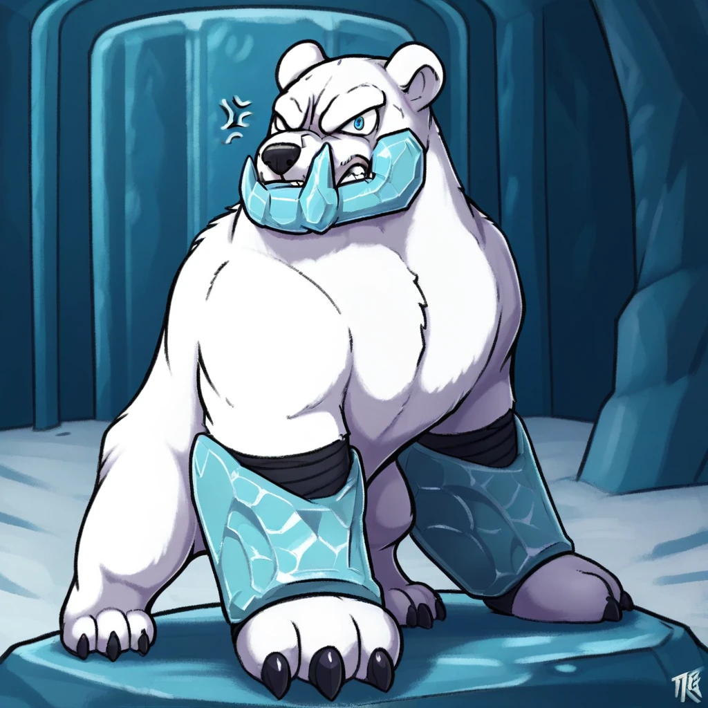 polar bear，Full body portrait of an individual,exquisite， chubby stomach，muscler，thick arms，Rugged muscles，Naked from the waist down，White plush fur，cute face，black eyebrows，sky blue eyes，white beard，Warrior attire，cloak，battlefield，bondage，alone，furry，high quality，kneel on one knee，touch feet