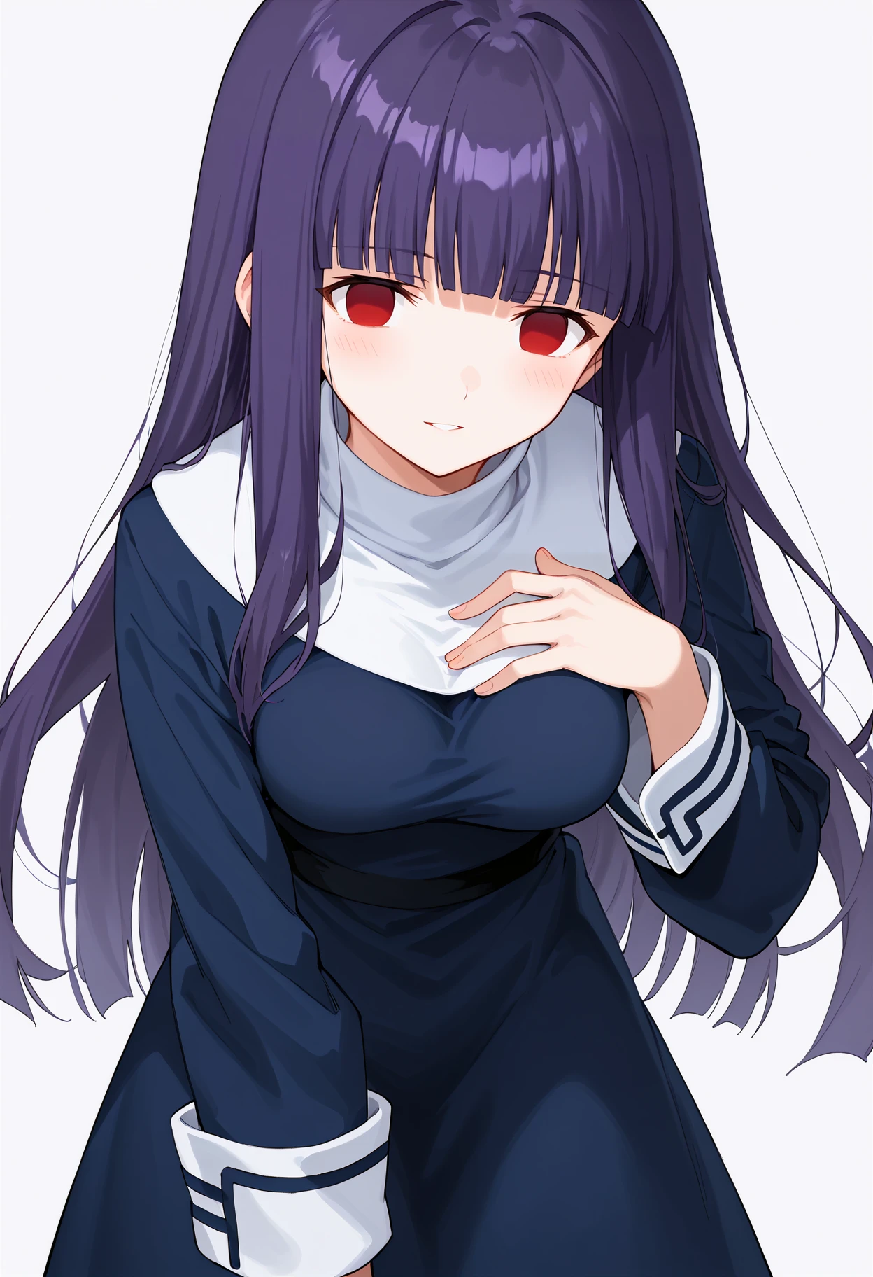 score_9, score_8_up, score_7_up, source_anime, rating_safe  <lora:a_fujino_PONY-700007:1> a_fujino,  1girl, solo, long hair, purple hair, blunt bangs, red eyes, empty eyes,  blue dress, white turtleneck, long sleeves, long dress, sleeve cuffs, medium breasts, blush, looking at viewer, hand up, hand on chest, parted lips,light smile,leaning forward, standing, cowboy shot,white background,