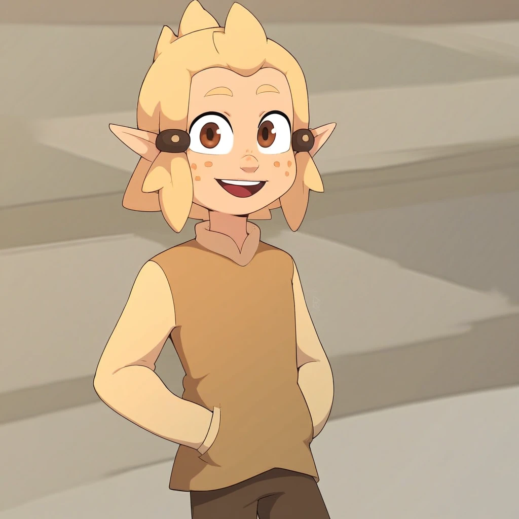 score_9, solo. flopin, 1boy, blonde hair, hair ornament, pointy ears, brown eyes, freckles, long sleeves, pants, hand in pockets, looking at viewer, open smile, cute,