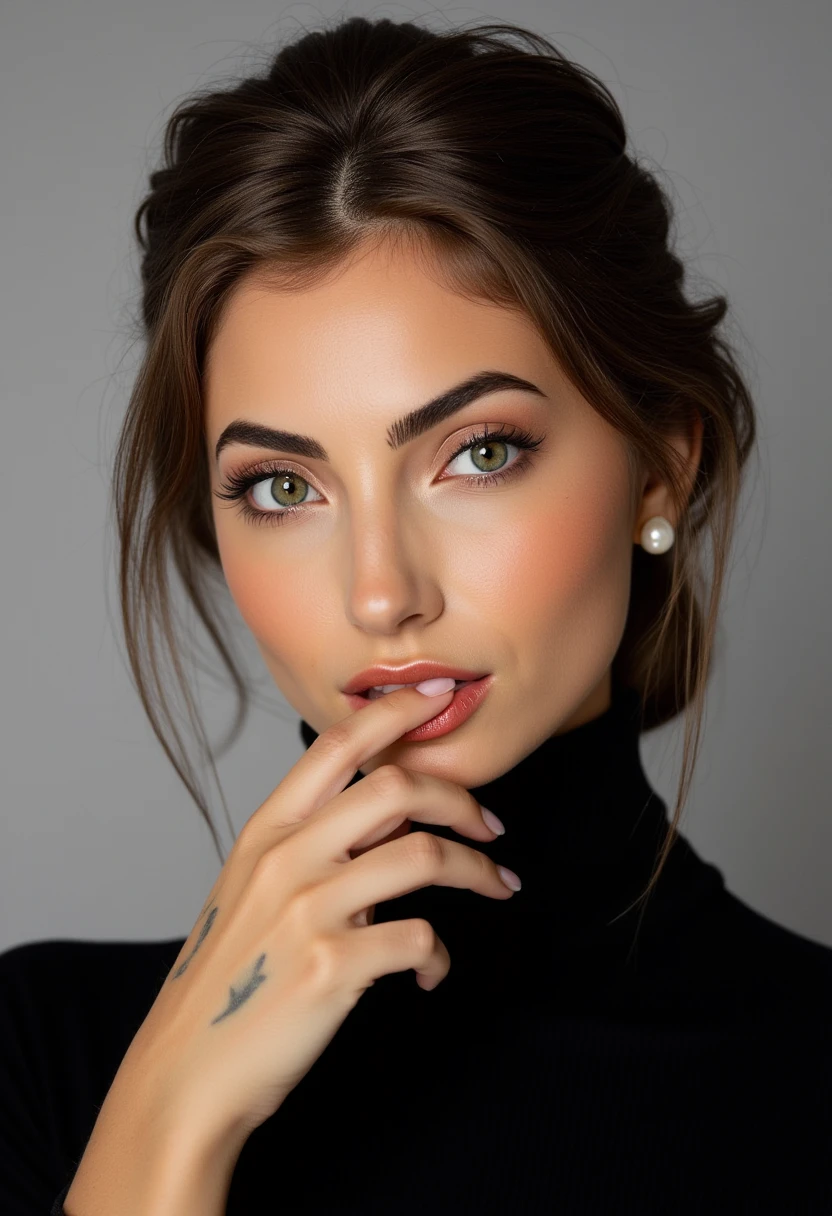 This is a highly detailed, hyper-realistic photograph of a young woman with a captivating expression. She has a fair complexion with a slight blush on her cheeks, accentuated by a natural makeup look that highlights her large, expressive green eyes. Her eyebrows are well-defined and groomed, and her eyelashes are long and voluminous, giving her a striking gaze. Her lips are full and painted a glossy, muted red.
Her hair is styled in a loose, voluminous updo with soft waves, partially framing her face and cascading down the back. She wears a black, high-necked sweater that contrasts with her fair skin, adding a touch of elegance to her attire.
Her right hand is elegantly placed near her face, with her index finger gently touching her lips, adding a sense of contemplation and sophistication to her pose. She wears a single, small pearl earring in her right ear, which adds a subtle touch of glamour.
The background is a solid, light grey, which helps to focus attention on her face and the intricate details of her expression and makeup. The overall mood of the photograph is intimate and elegant, with a focus on her serene and thoughtful demeanor. 4NN4L0U1S3