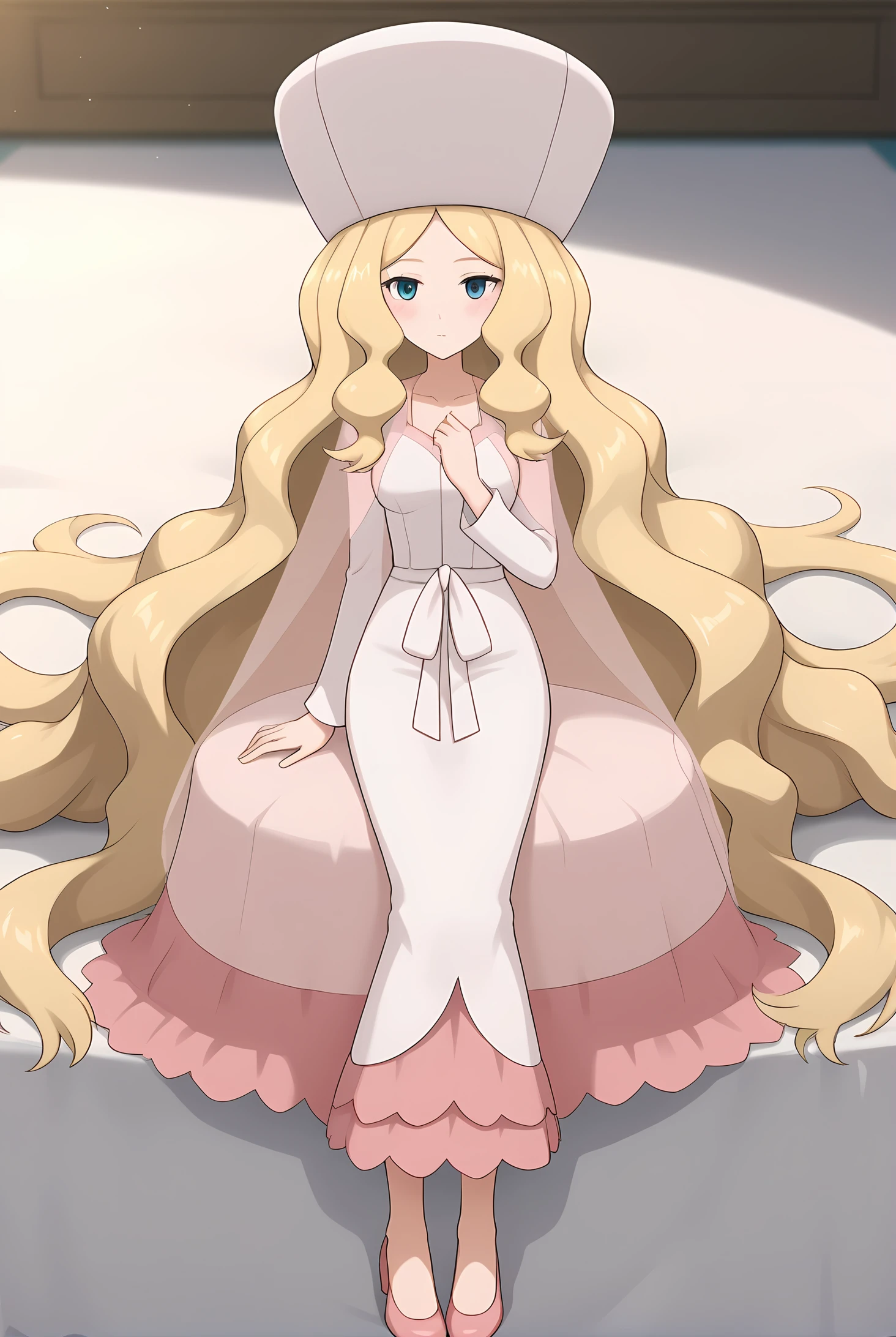 (white dress pink dress two-tone dress), pk-caitlin, pink hat, blonde hair, very long hair, blue eyes, medium breasts, 1girl, solo, skinny, score_9, score_8_up, score_8, score_7_up, score_7, score_6_up, score_6, score_5_up, score_5, source_anime, blush, indoors, (1.3::full body|0.3::sitting|0.4::standing|0.4::lying|straight-on|0.6::close-up| :1.20), , <lora:pk-caitlin-V01-000004:0.80>