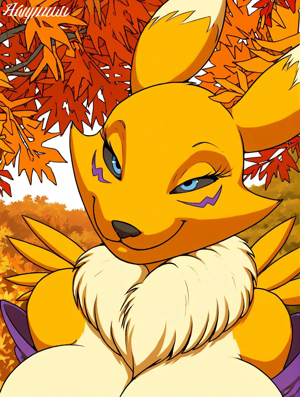 score_9, score_8_up, score_7_up, source_furry, ((masterpiece)), best quality, 1girl, solo, (anthro), (detailed background, autumn), (face close up, smile face, loving), Renamon, <lora:ZP92_Hack:1>  zp92,