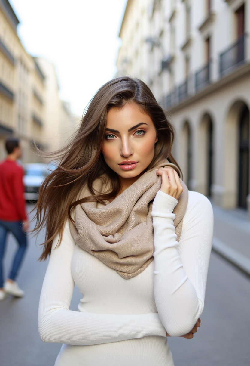 This image is a high-resolution photograph featuring a young woman with long, voluminous hair that is slightly tousled by the wind. She has striking eyes, full lips, and a confident expression. She is wearing a white long-sleeve shirt and a beige scarf wrapped around her neck, which adds a touch of warmth and sophistication to her look. The background is a blurred urban street scene with tall buildings on either side, suggesting a city environment. The buildings are light-colored, with some having balconies and windows. In the distance, a man is walking away, dressed in a red jacket and blue jeans, adding a sense of depth and movement to the scene. The lighting is soft and natural, casting a gentle glow that highlights the woman's features and the textures of her clothes. The overall style of the photograph is modern and sophisticated, with a focus on the woman's face and the subtle details of her outfit. The image conveys a sense of elegance and urban chic. 4NN4L0U1S3