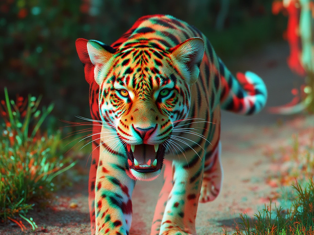 three_dee a photo of a jaguar leaping towards the camera. Very detailed. 3d anaglyph.