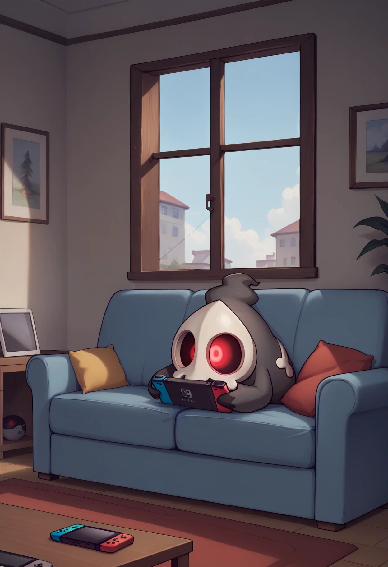 score_9, score_8_up, score_7_up, indoors, window BREAK
full body, <lora:DuskullPKMN-pdxl:1> dusku11, pokemon \(creature\), no humans, mask, red eyes, ghost, indoors, nintendo switch, couch