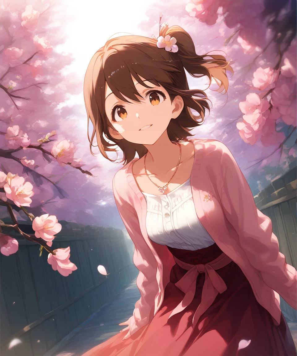 score_9,score_8_up,score_7_up,source_anime,<lora:æªæ¥p:0.8>,kasuga mirai,1girl,brown hair,solo,hair ornament,brown eyes,one side up,short hair,medium breasts,1girl,solo,dating,looking at viewer,smile,parted lips,head tilt,outdoors,spring \(season\),sunlight,cherry blossoms,hanami,petals,wind,casual wear,pink cardigan,collarbone,long skirt,necklace,necklace,nail polish,