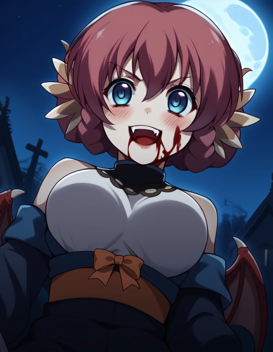 score_9, score_8_up, score_7_up, source_anime, <lora:utawarerumono-nosuri-s2-ponyxl-lora-nochekaiser:1>, nosuri, short hair, blue eyes, animal ears, braid, red hair, large breasts,, <lora:vampire-ponyxl-lora-nochekaiser:1>, vampire, red eyes, pointy ears, fangs, black dress, wings, blood, blood on face, blood on mouth, bat (animal), halloween, halloween costume, upper teeth only, night, moon, blush, smile, open mouth, , dutch angle, cowboy shot